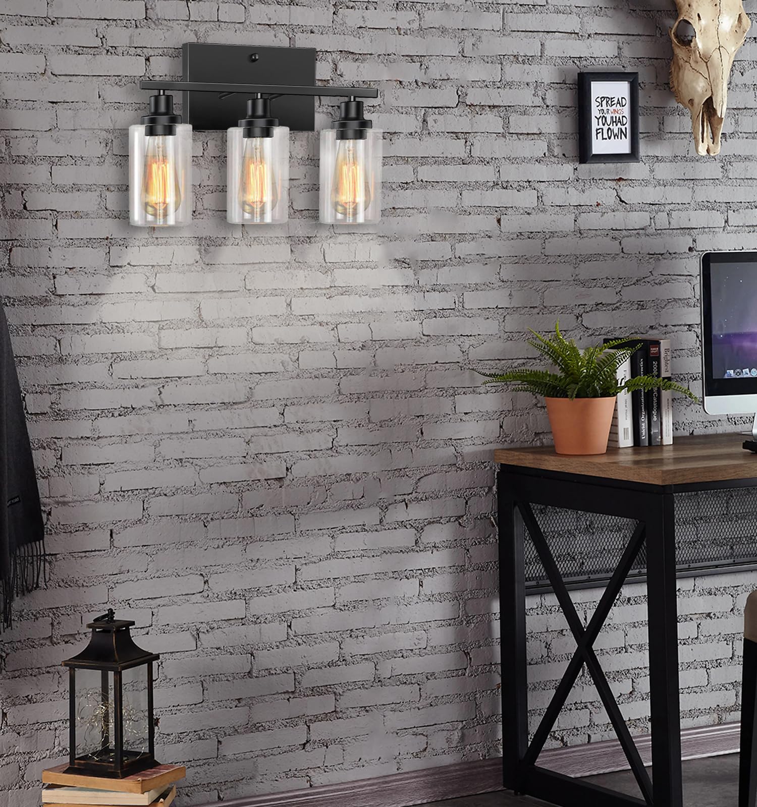 Maichixin 3-Light Vanity Lights, Matte Black Metal Wall Lamp with Clear Glass Shade, Modern Design for Bathroom, Living Room, Hallway