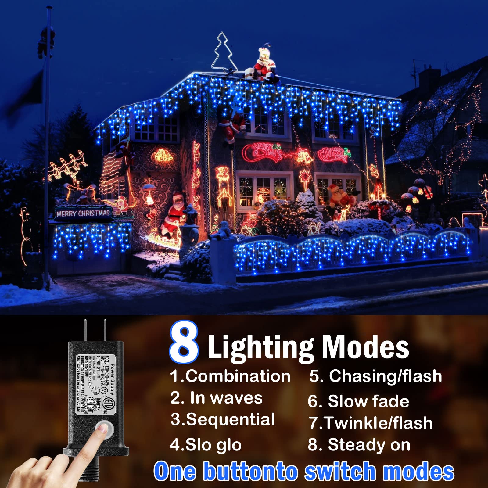Hezbjiti 800 LED Outdoor Christmas Lights, 65.6 FT, 8 Modes, Blue Fairy String Curtain Lights for Indoor/Outdoor Decor
