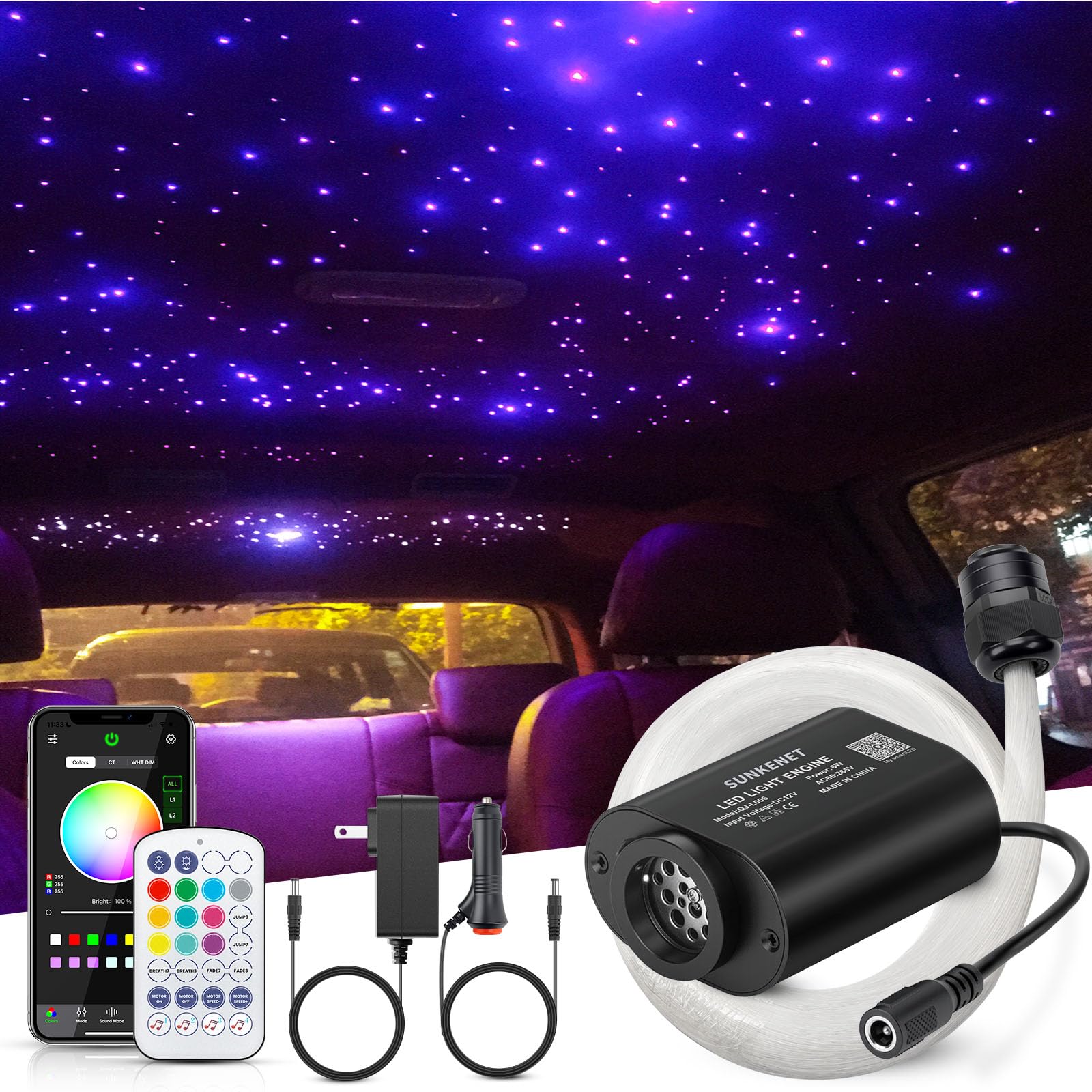SUNKENET 6W Mini Size Twinkle 450pcs of (0.03+0.04+0.06in)*9.8ft Starlight Headliner Kit  Star Lights for Car with Bluetooth APP/Remote Control/Music Effect  RGBW Fiber Optic Lights for Home Ceiling