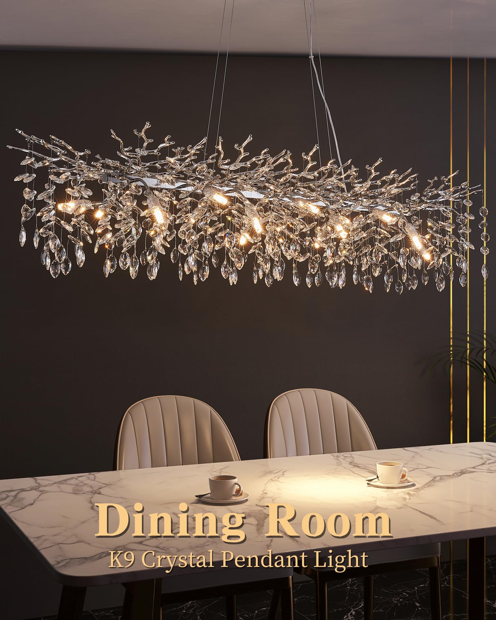Modern Tree Branch Chandelier, 16 Lights Rectangular 59'' Crystal Silver Chandeliers Height Adjustable For Kitchen Island Dining
