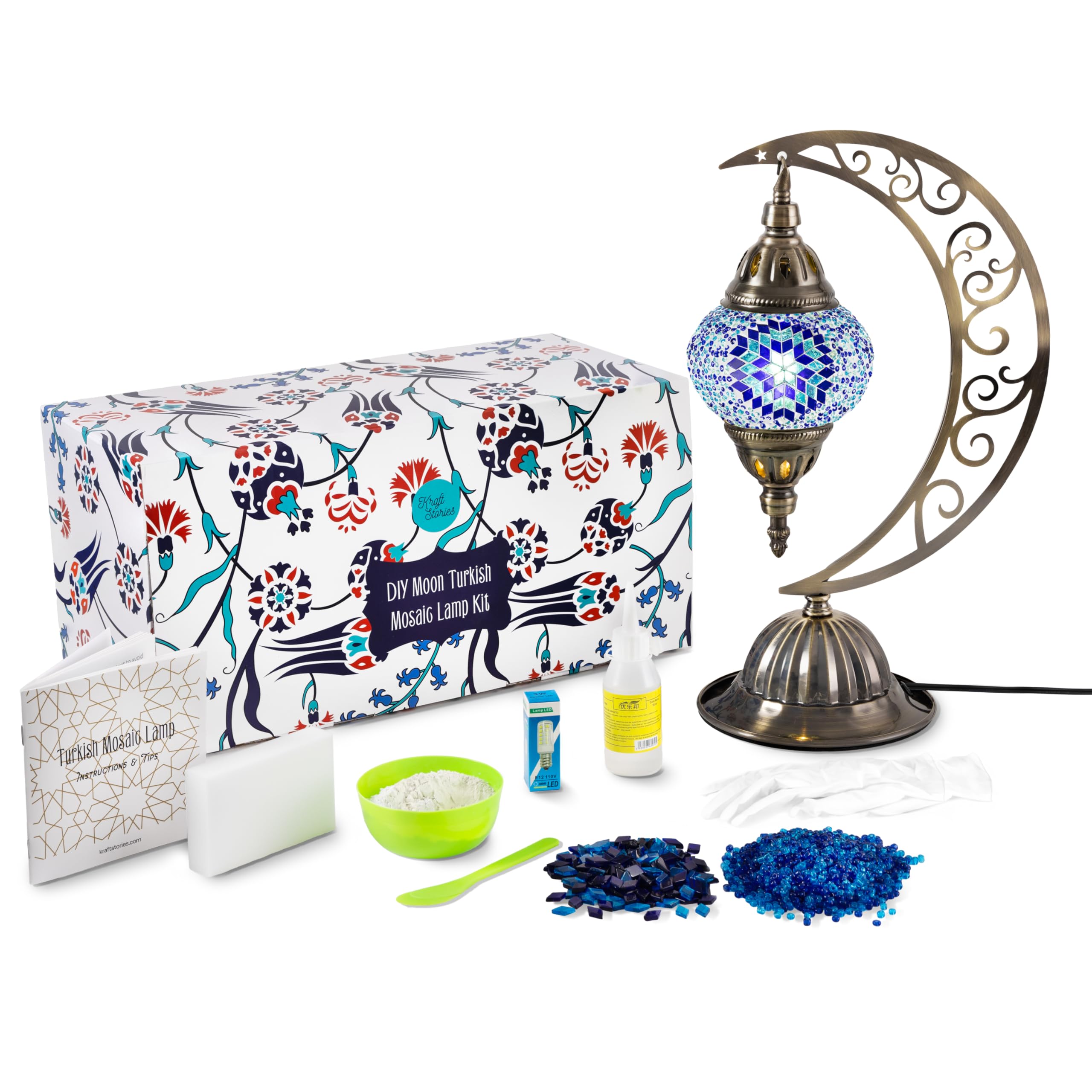 KRAFTSTORIES Turkish Mosaic Moon Lamp Kit - DIY Colorful Glass Table Light, Medium Size, Blue, Model MoonTML