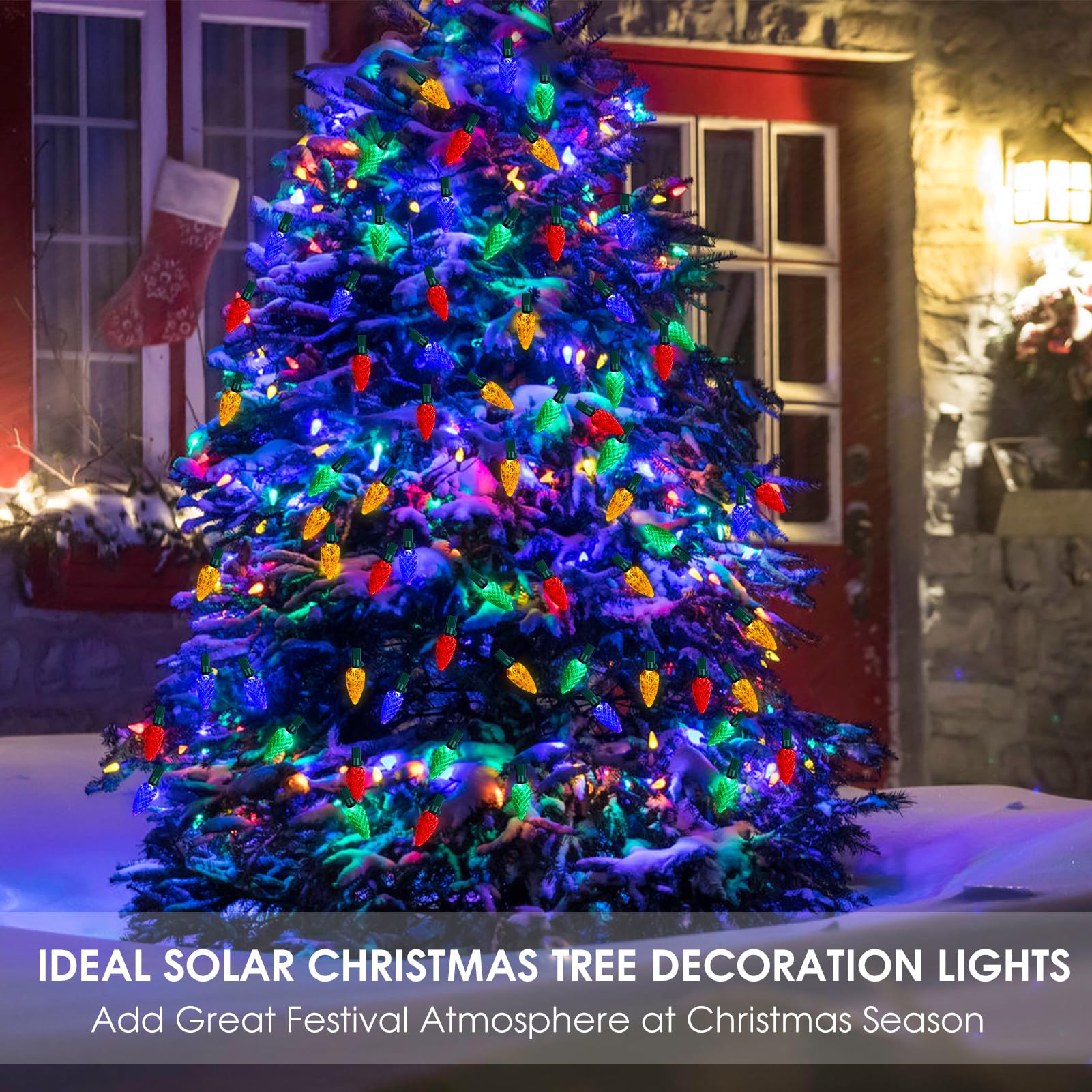 Reyeeinc Solar Powered Christmas Lights For Outside, Solar Outdoor Xmas Lights With 100 Count C6 Multicolored Strawberry String