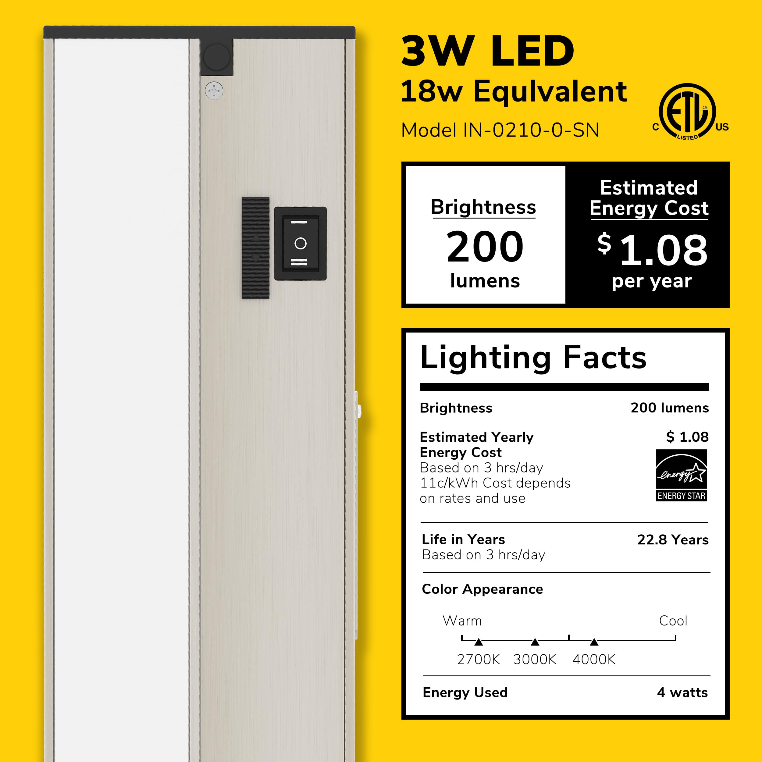 GETINLIGHT LED Under Cabinet Lighting, Dimmable 3 Color Levels, 9-inch, Brushed Nickel, Model IN-0210-0-SN