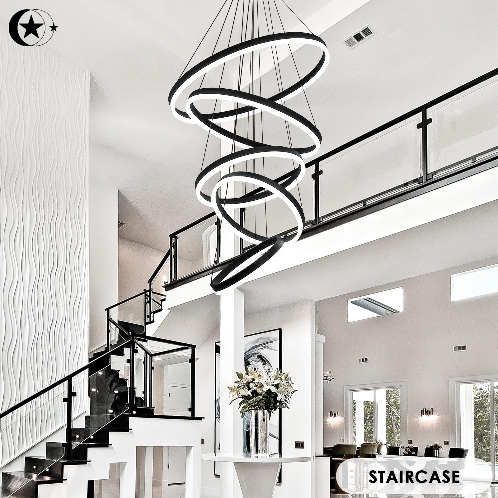 XGZL · LIGHTING 5-Rings Modern LED Chandelier, Black, Dimmable, Remote Control, 3000K-6500K, Medium Size for Dining Room, F