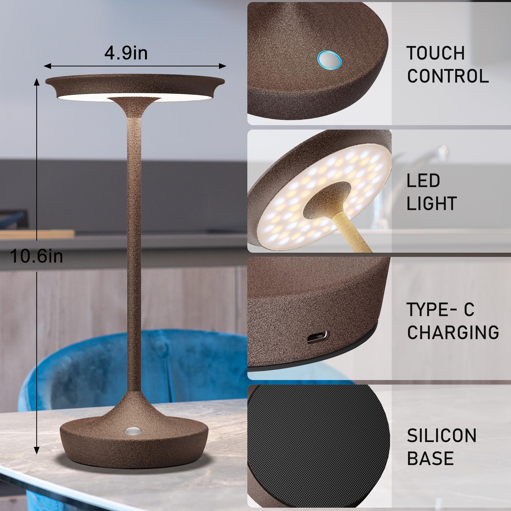 YHT Cordless Rechargeable Table Lamp, 6000mAh Battery, Waterproof, Stepless Dimming, Aluminum, Rust 1Pack, Model 825