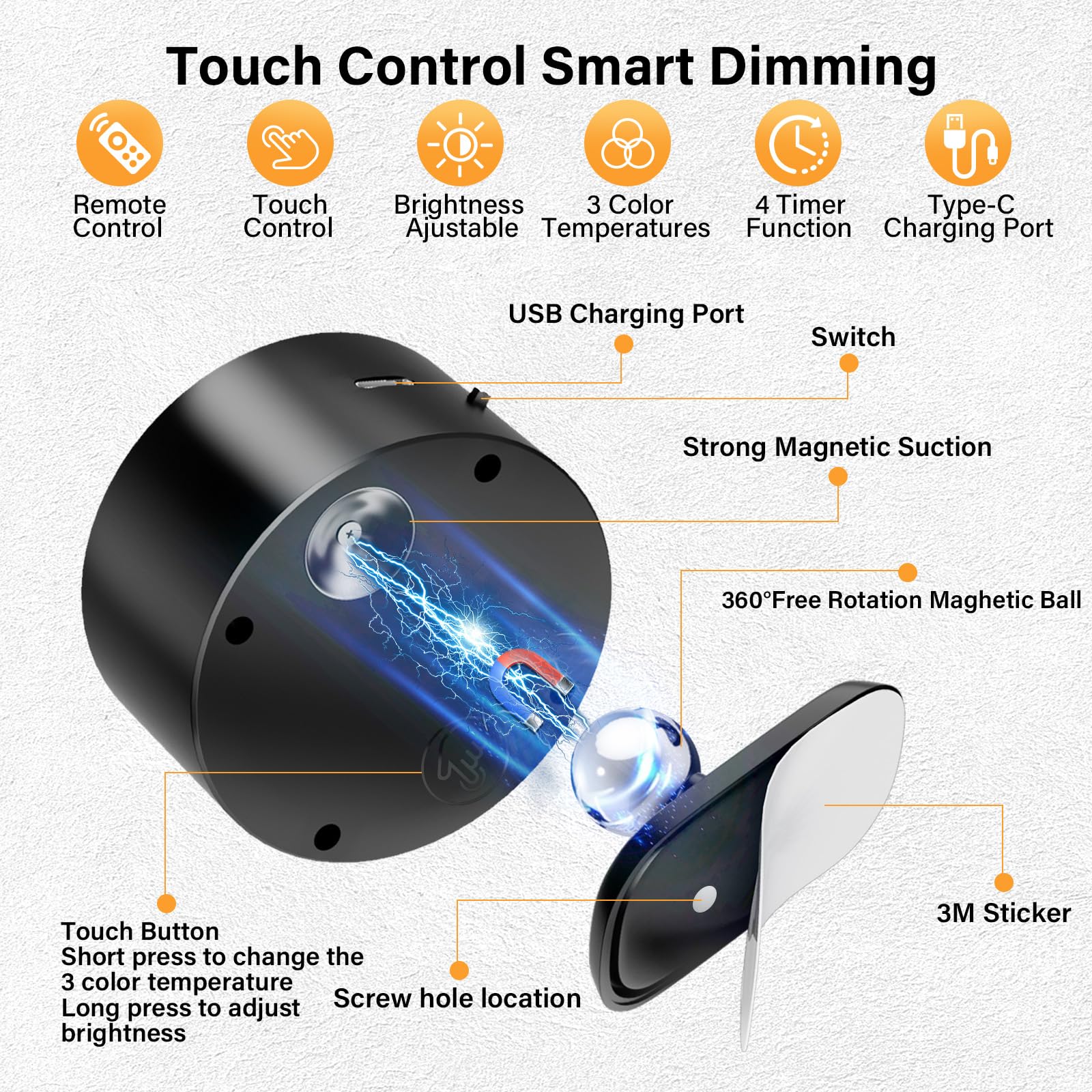 Led Wall Mounted Lights,Rechargeable Battery Operated Wall Sconce With Remote,3 Color Temperatures & Dimmable Magnetic 360 Rotat