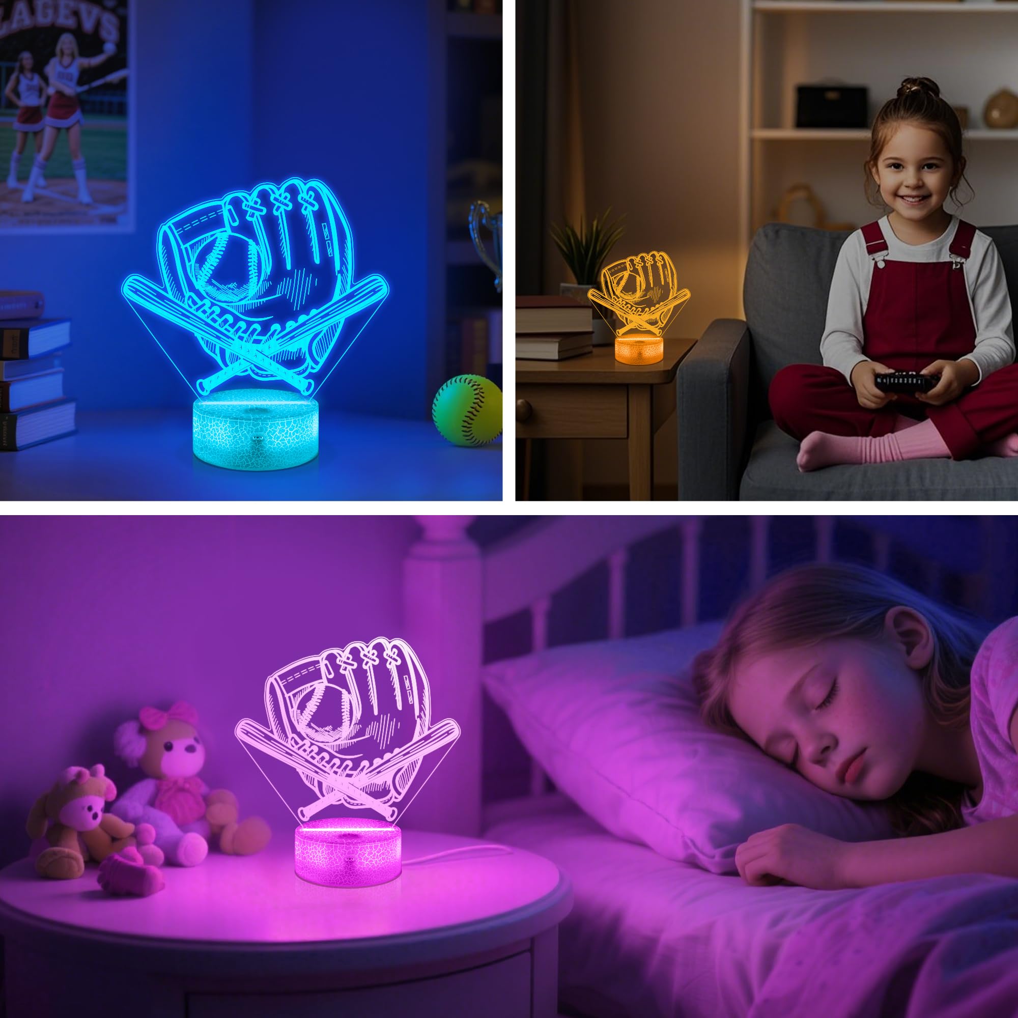 OkiyiD Softball Gifts Night Light for Girls, Softball Glove Sports 3D Illusion Lamp with 16 Colors Remote Control, Softballs Fan