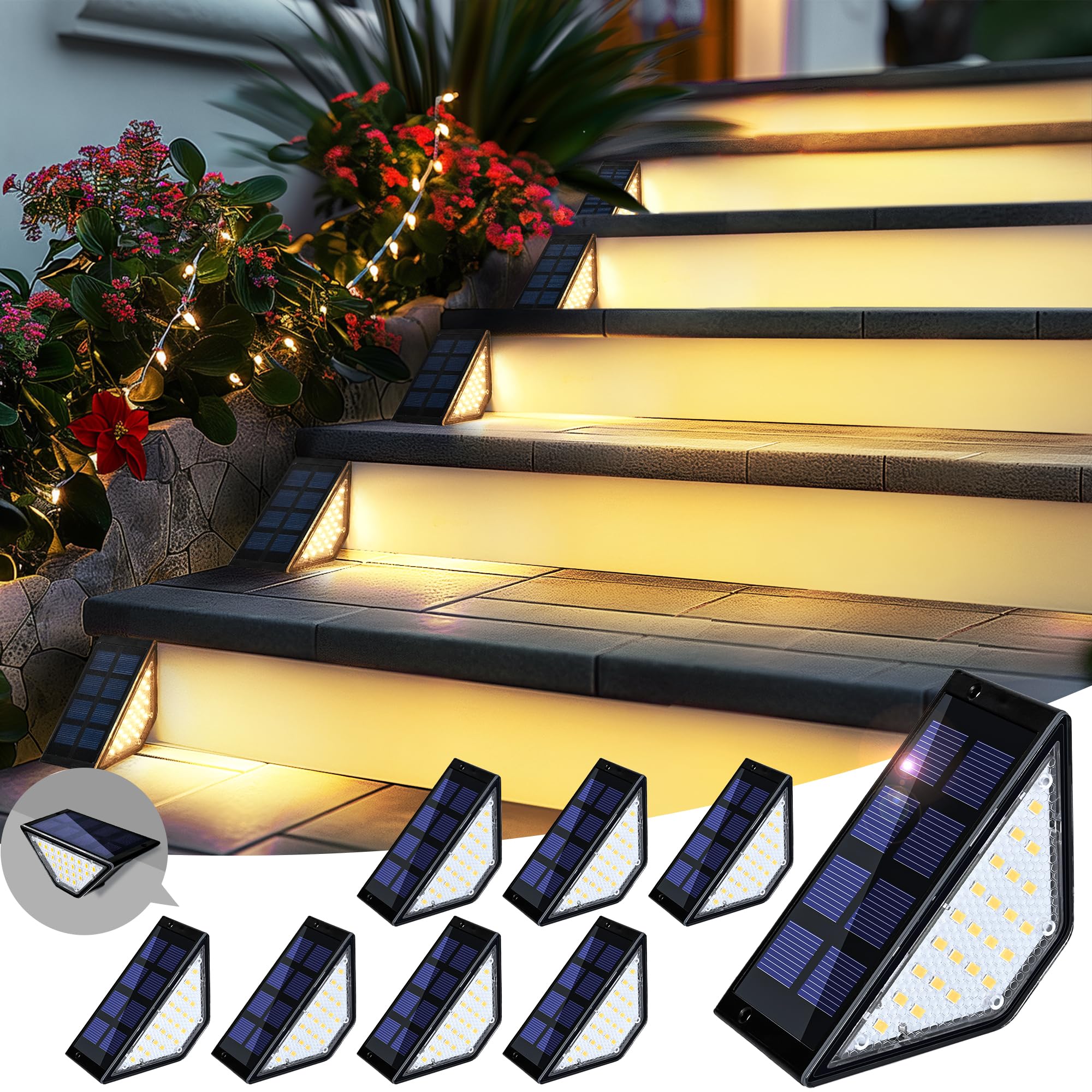 PATIOWIN Solar Step Lights, 24 LEDs Waterproof IP65, 8 Pack, Warm White, Model 9087, Outdoor Deck and Stair Lighting