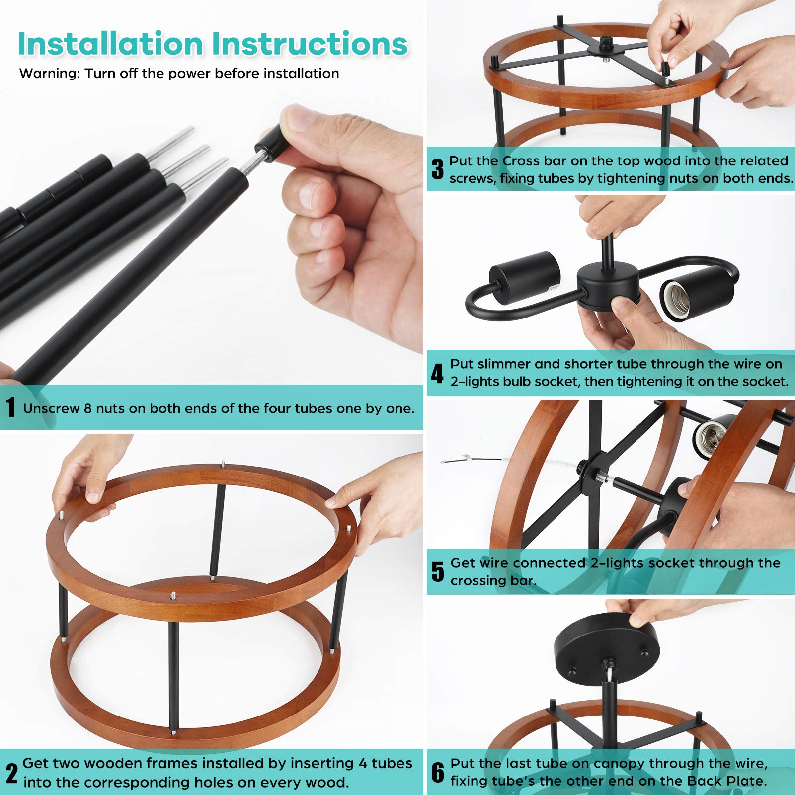 Lakumu 2-Light Retro Semi Flush Mount, Rustic Vintage Wood & Black Metal Industrial Farmhouse Ceiling Lamp For Hallway, Entryway