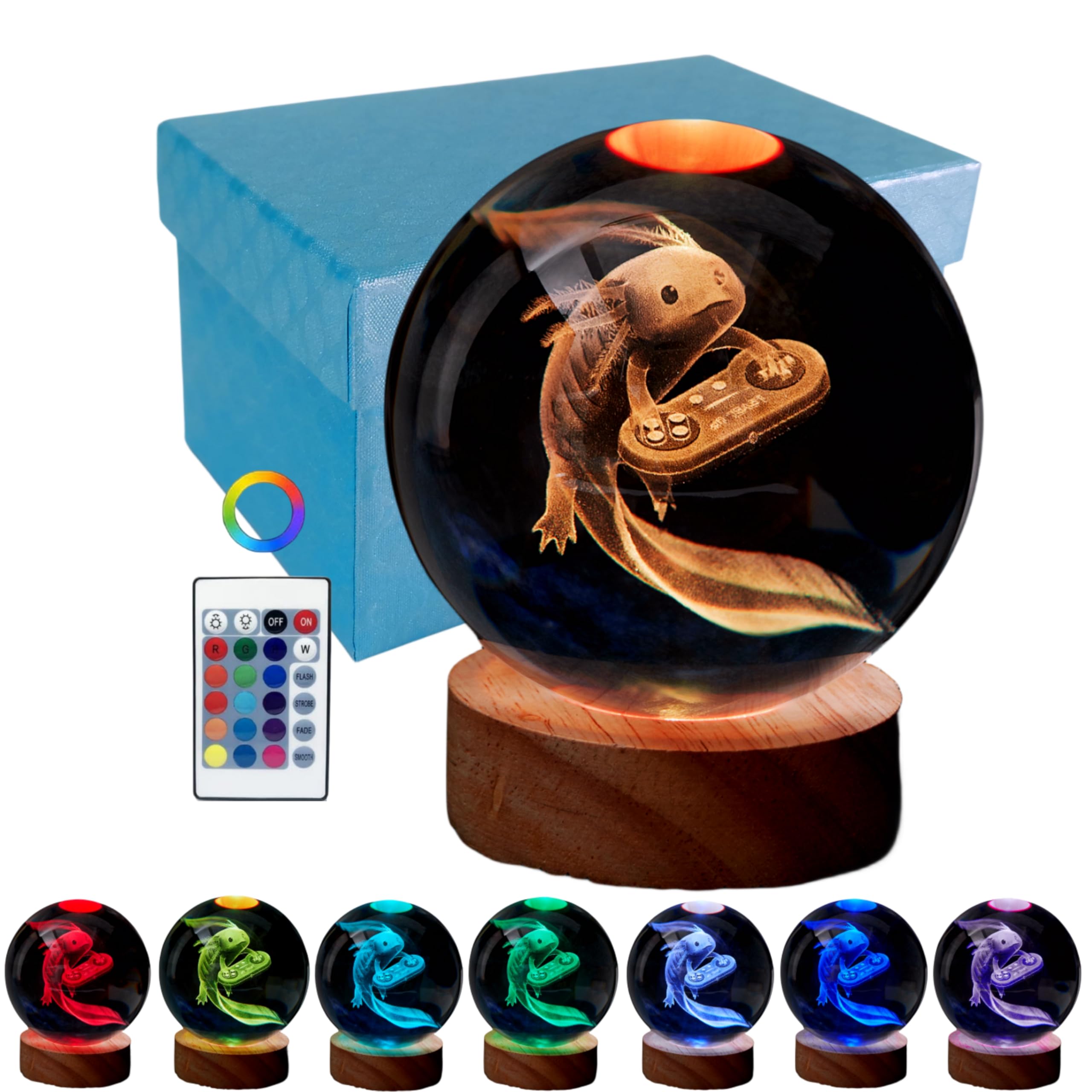Conalisk 3D Axolotl Crystal Ball Lamp, 3.15 Inch, LED Wooden Base, 16 Colors, Gift Box Packaging, Axolotl C