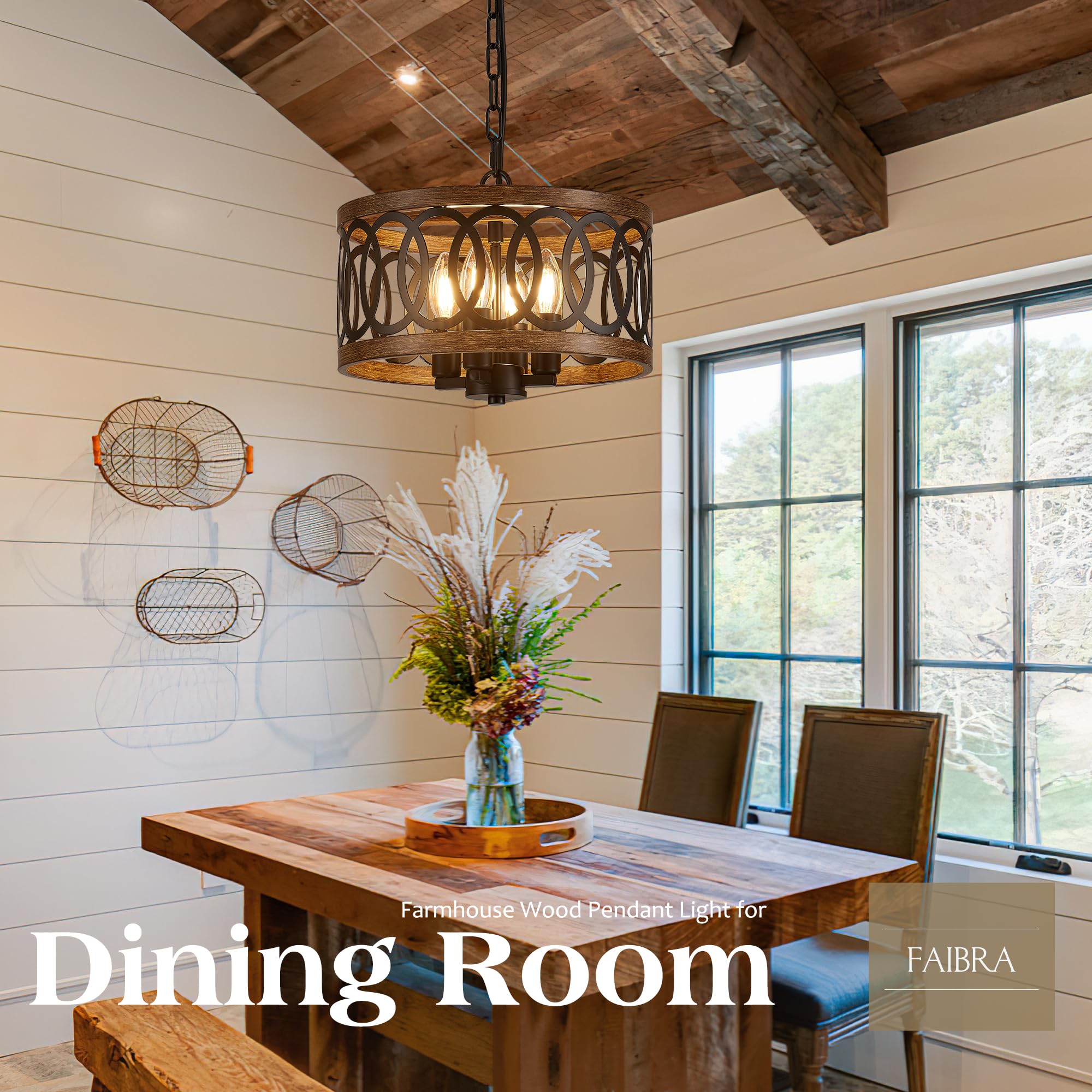4-Light Farmhouse Drum Pendant Light,12.56'' Nature Wood Texture Vintage Rustic Chandeliers Black Metal Industrial Hanging Light