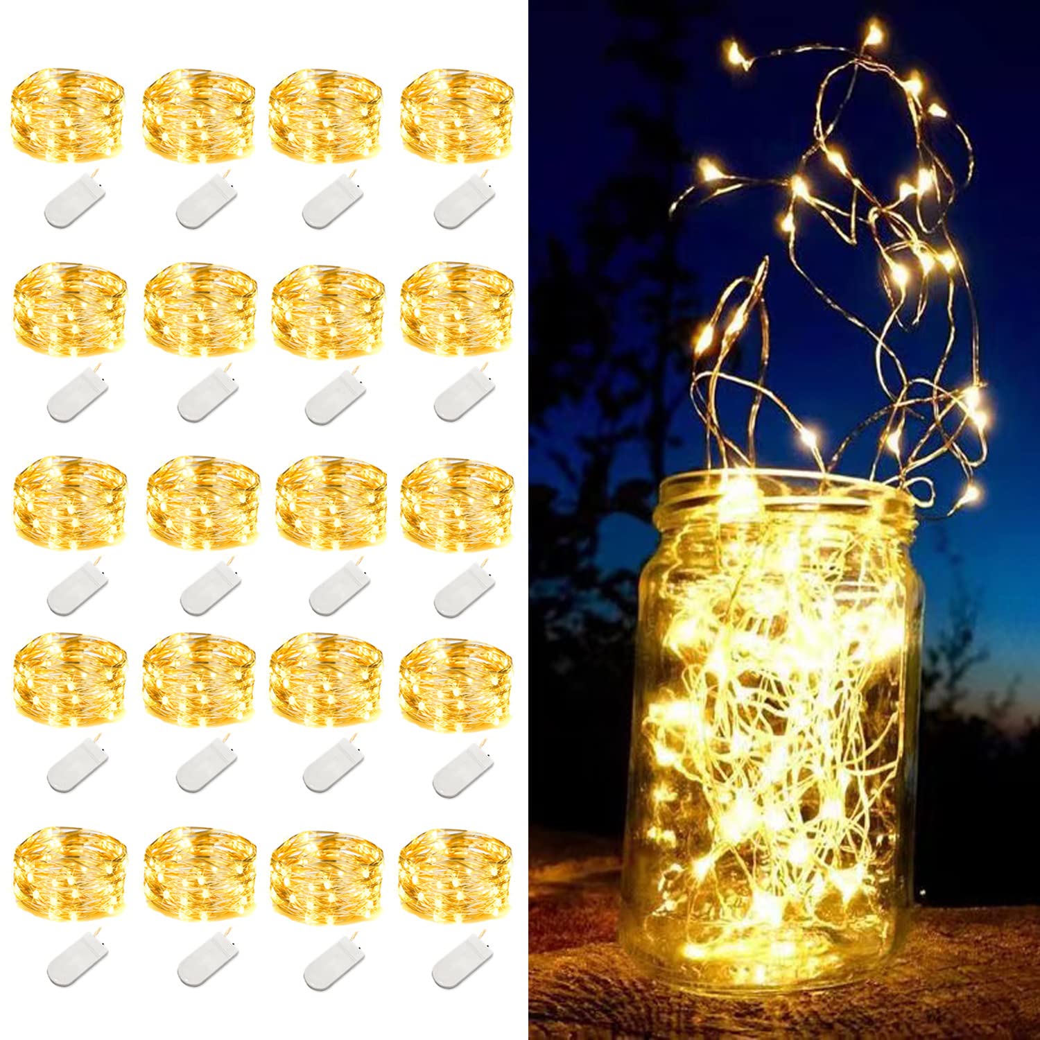 Ledikon 20 Pack Fairy Lights Battery Operated,Long Lasting 7.2Ft 20 Led Silver Wire Warm White Firefly Mason Jar Lights,Mini Led String Lights For Mason Jars Party Crafts Wedding Décor