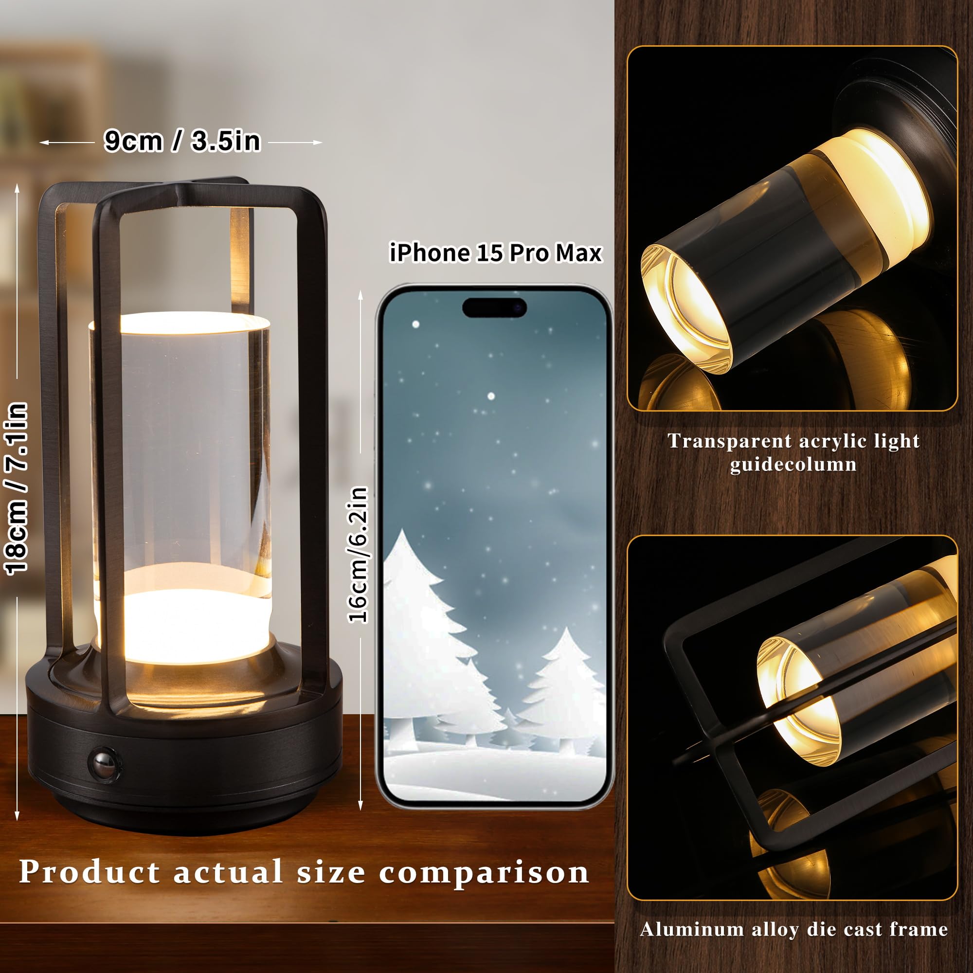 Anxingtools Portable Metal Table Lamp, Rechargeable LED, 3 Color Dimming, 3.54inD x 3.54inW x 6.89inH, Gray, Model AN-