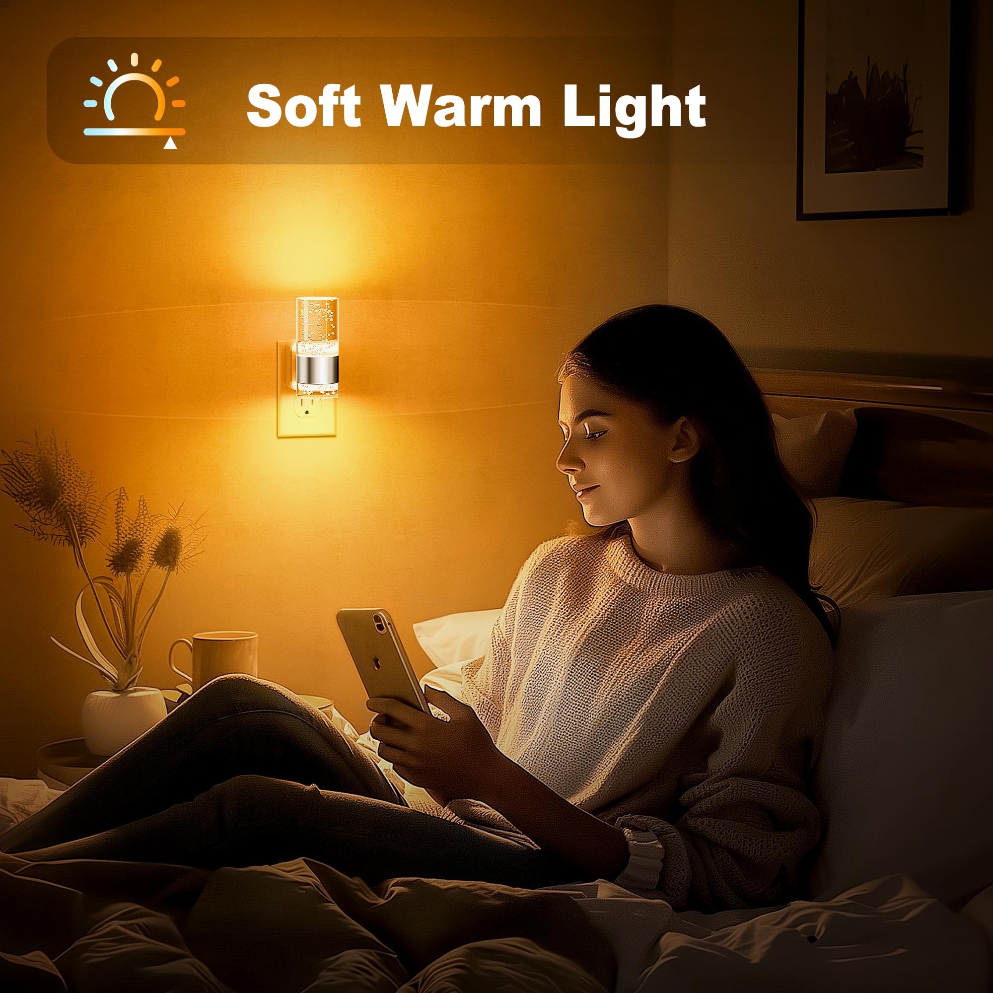 JandCase Night Light 2 Pack, Dimmable LED with Auto Light Sensor, Acrylic, Sliver-Amber, Model GY197