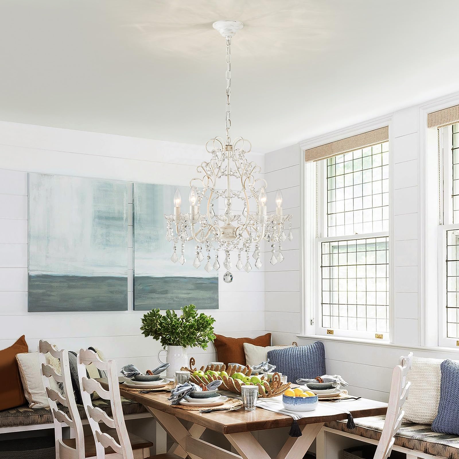 Wuzups 5-Light Crystal Candle Chandelier Pendant Ceiling Light Modern Lighting Fixture For Bedroom Hallway Bar Kitchen Bathroom  H 23.2 W 20.7  E12 Base  Rustic White