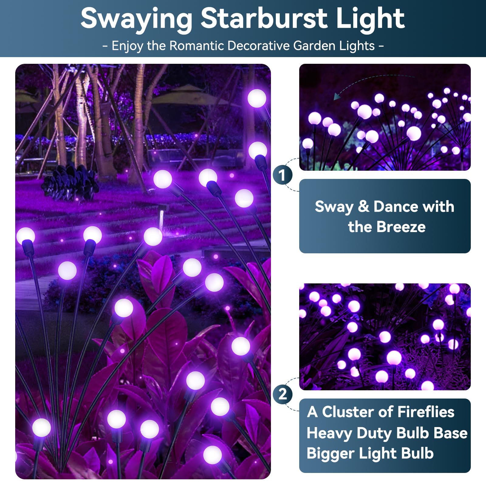 YShengMian Solar Firefly Lights, 32 LED Swaying Light, Waterproof, 4 Pack, Purple Outdoor Garden Decor