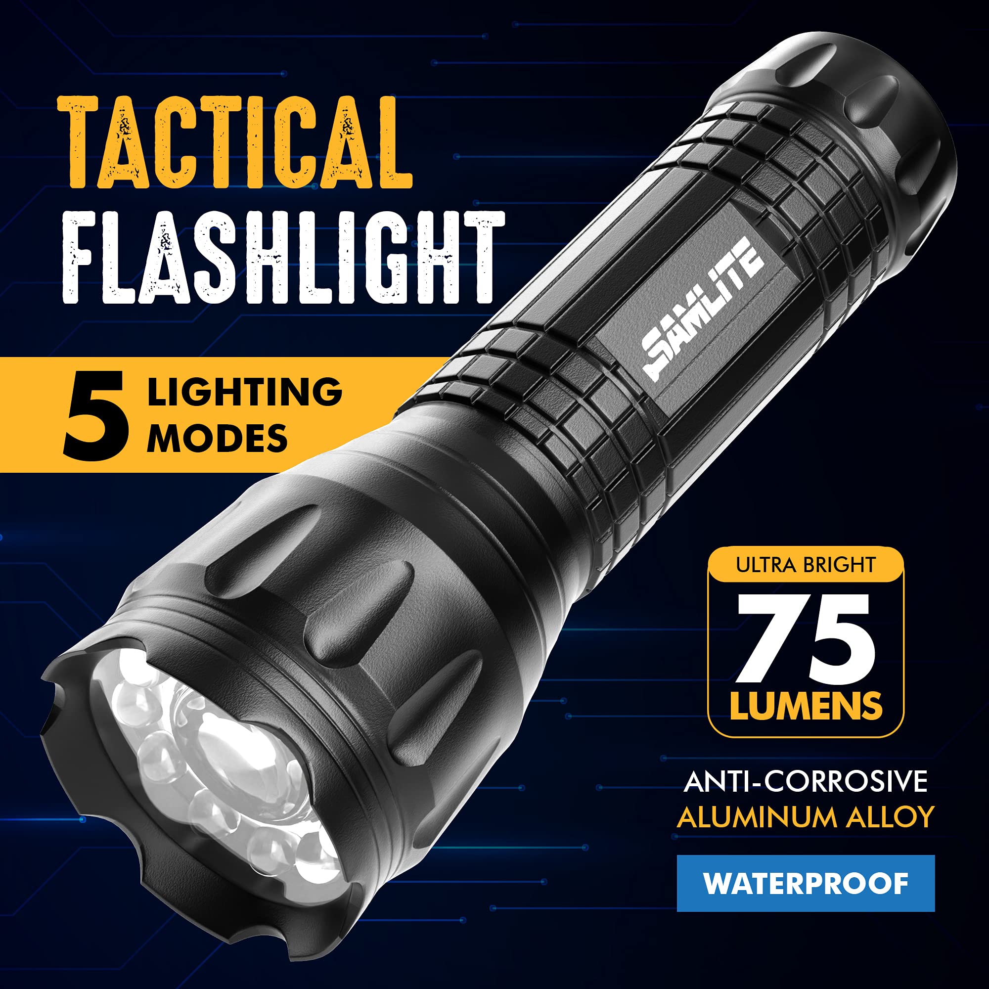 SAMLITE LED Tactical Flashlight - 5 Modes, UV Light, Magnetic Base, Medium, Black, Model 20281-SL-FBA, Water Resistant, 3 AAA Batteries Included
