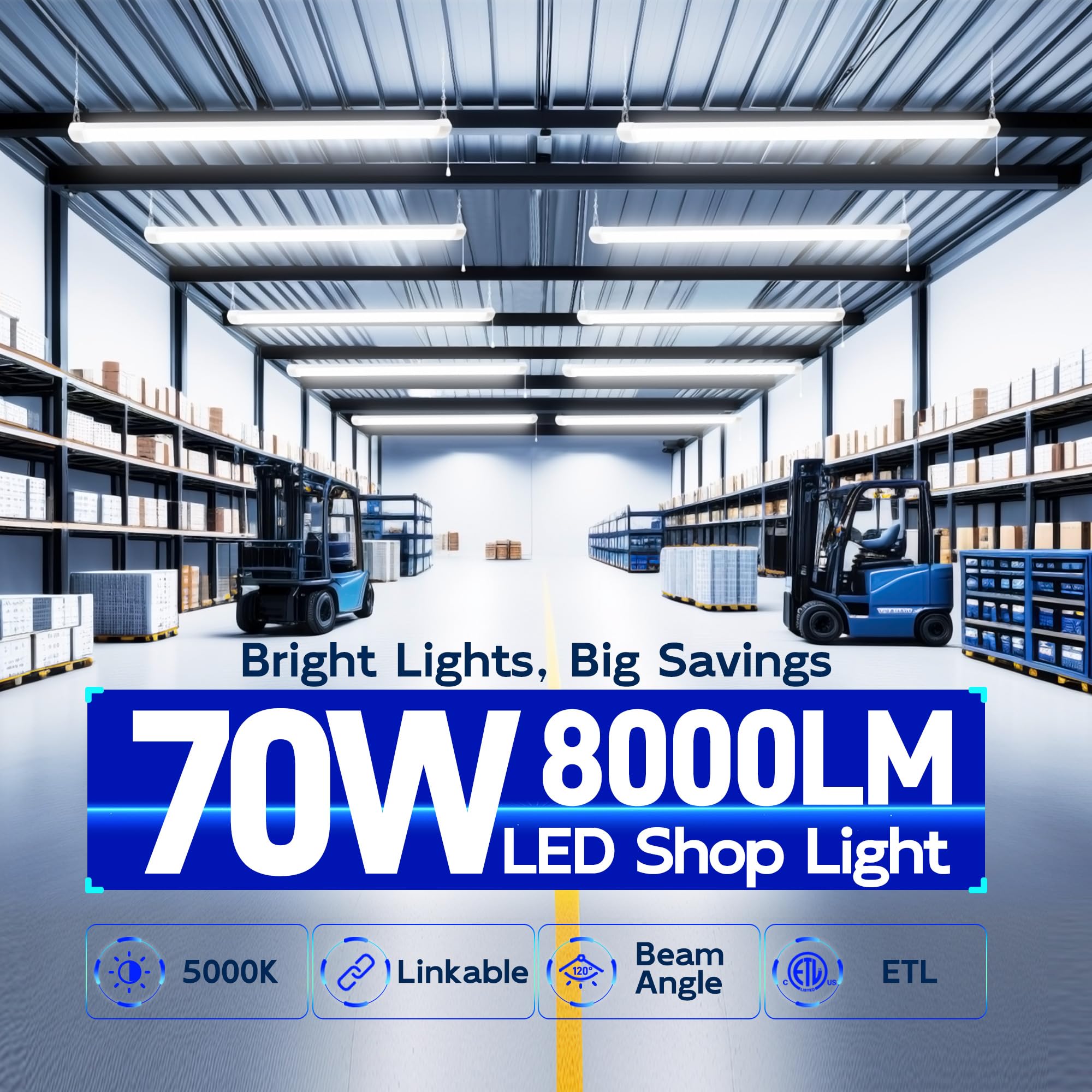 Hykolity 4Ft 70W Led Shop Light Linkable  8000Lm(300W Equivalent)  5000K Utility Shop Lights For Garages  Workshops  Basements  Hanging Or Flushmount  With Power Cord And Pull Chain  Etl White  2 Pack