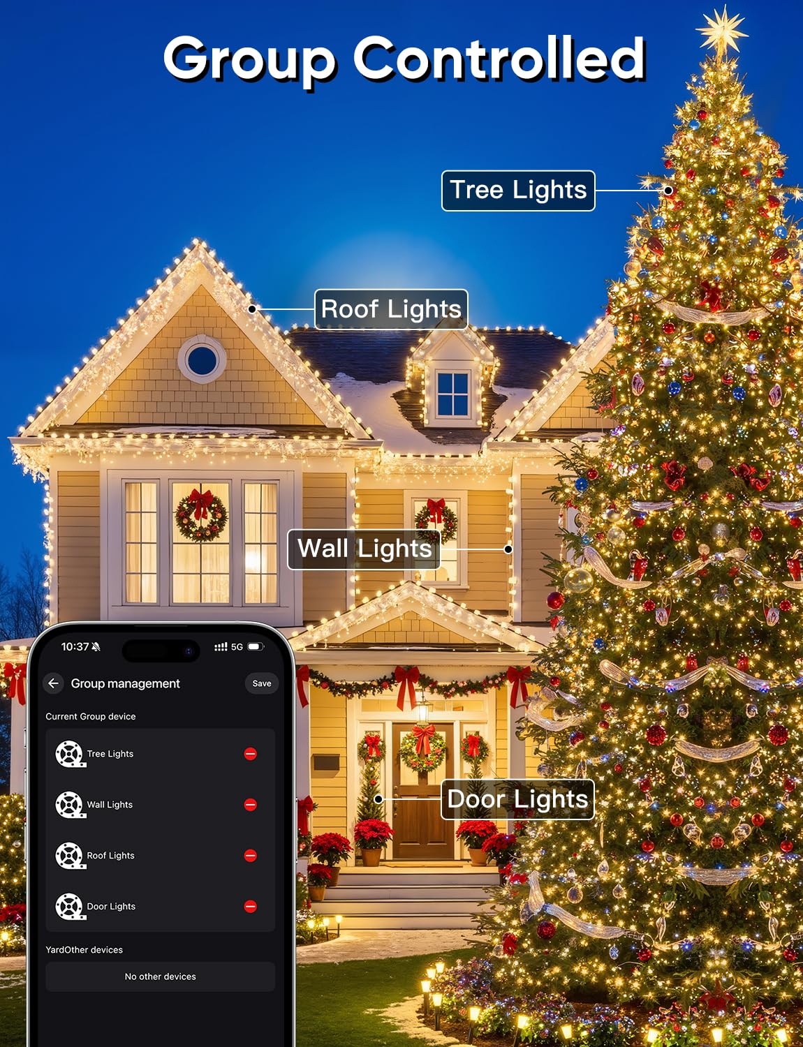 Ollny Smart Christmas Lights, 66FT 200 LEDs APP Control RGB Color Changing Christmas Tree Lights with Remote, Programmable DIY M