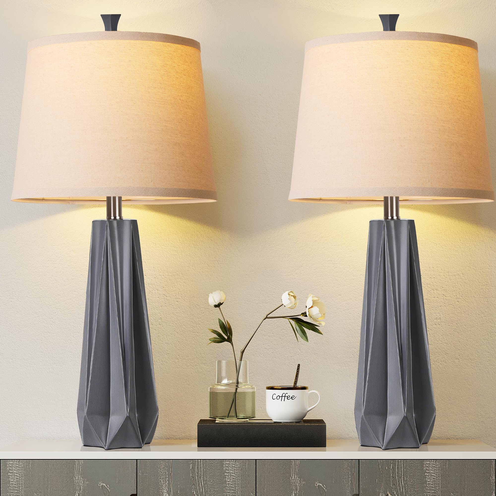 WIHTU 3 Color Temperature Table Lamps Set of 2, 27 Grey Modern Table Lamp for Living Room, Beside Lamp with Linen Shade, Resin