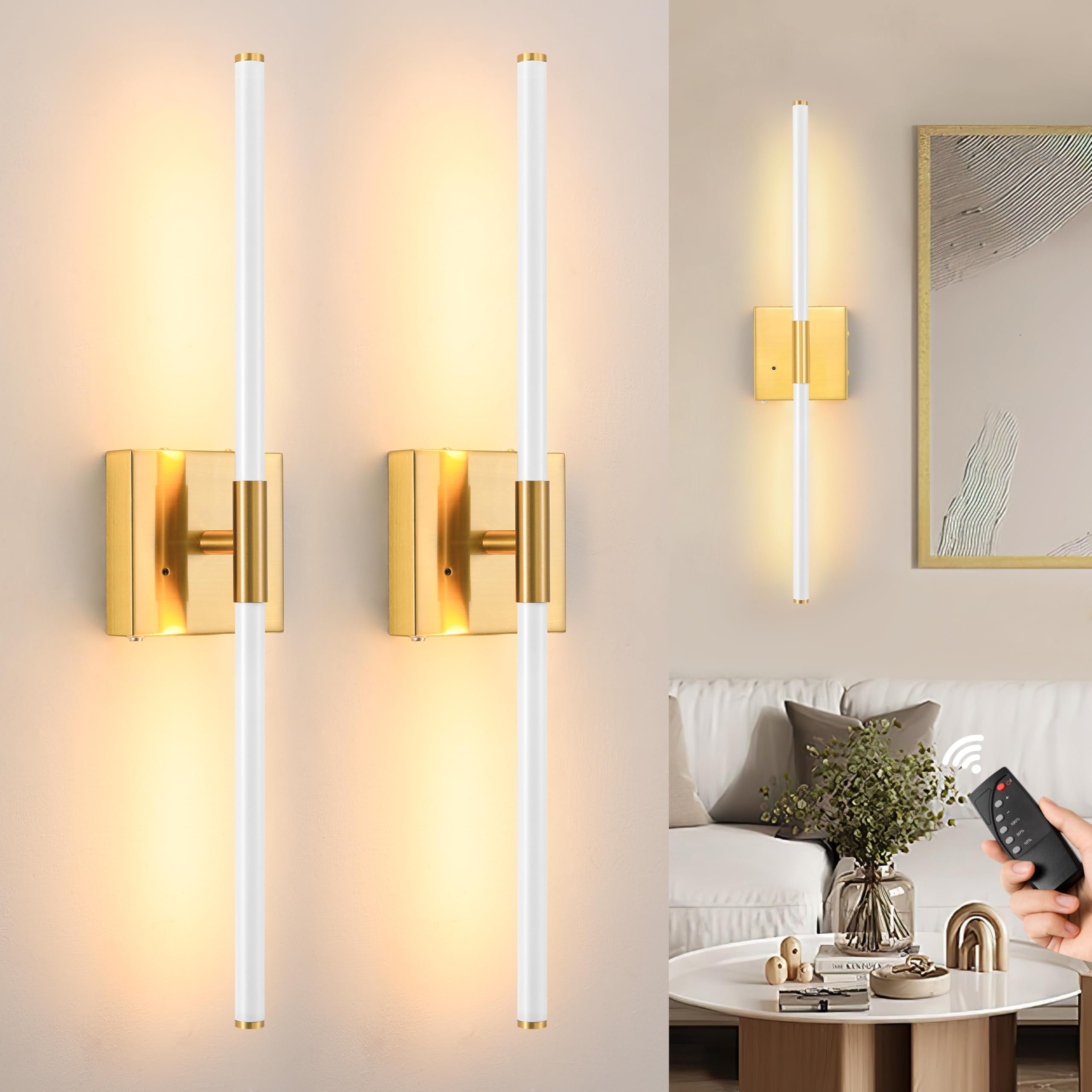 Morauroral Wall Sconces Set of 2, 30 Inch Dimmable Battery Operated, LED Rechargeable, White Gold, Model 7812