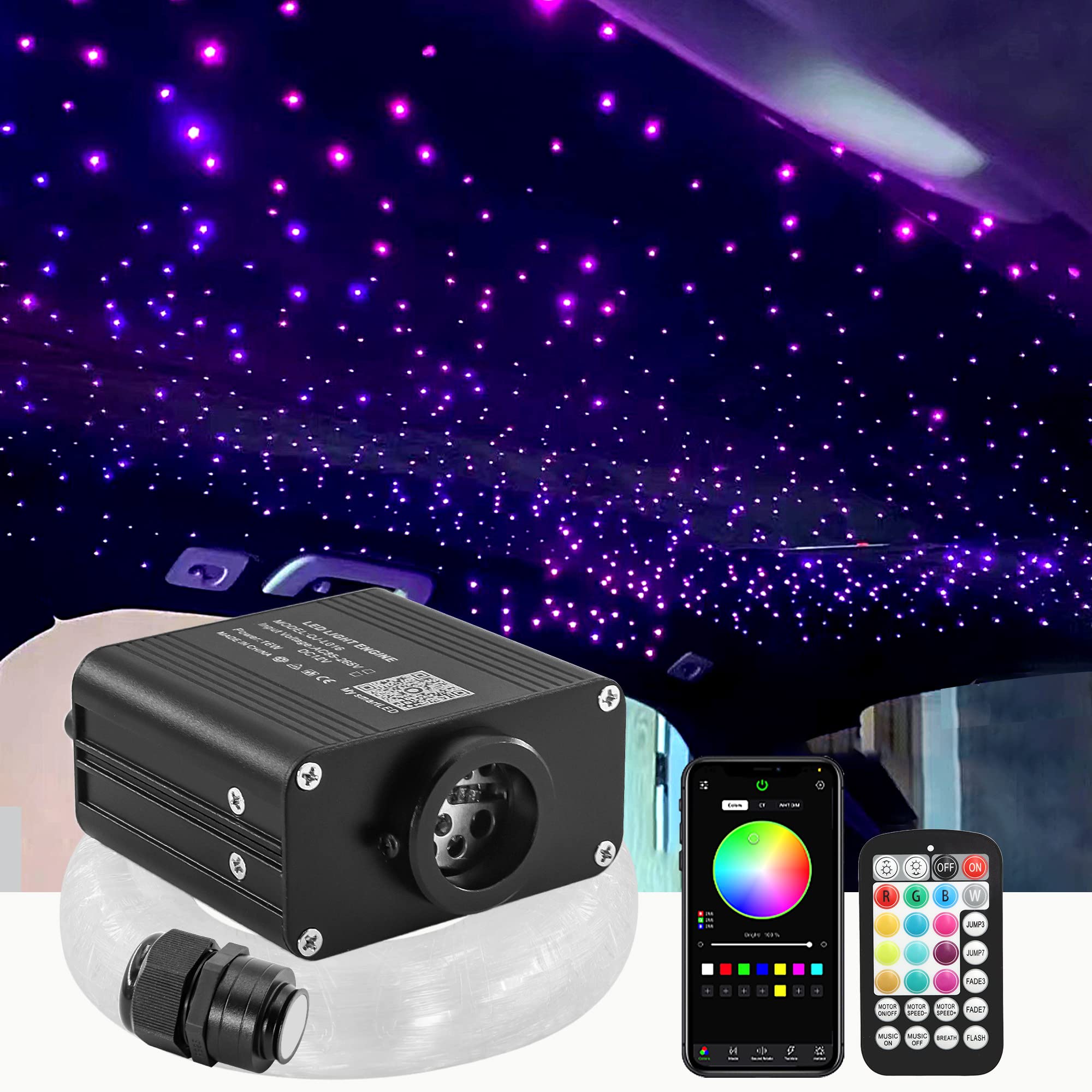 ATOKEE Starlight Headliner Kit, 500pcs Fiber Optic Star Lights, 9.8ft, Black, Model QJ-L016, Bluetooth App/Remote Control, Sound Activated