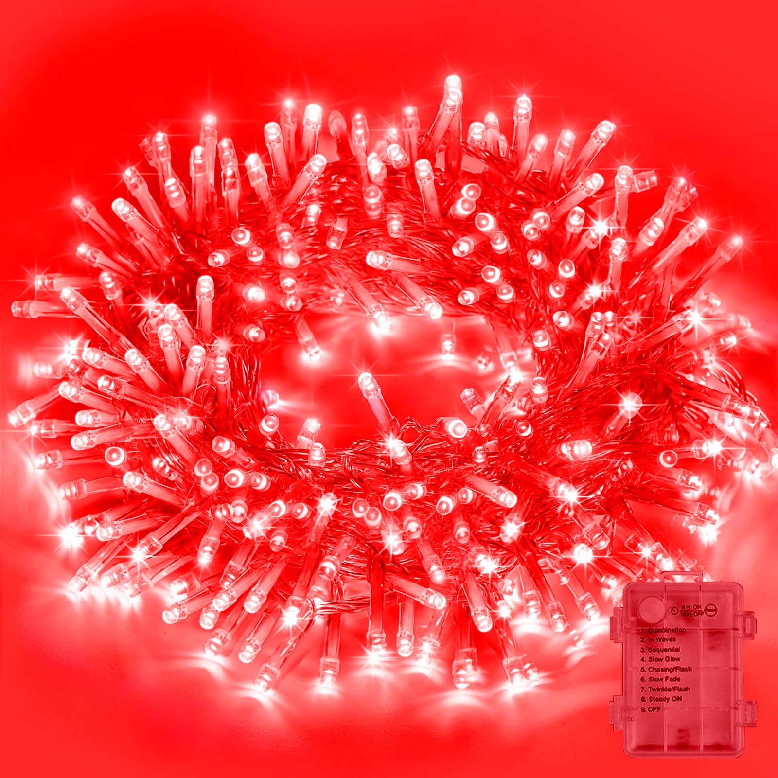 LAMPHOME Red Battery Operated Christmas Lights, 34.1FT 100 LED Waterproof Valentines Day String Christmas Tree Lights with 8 Mod