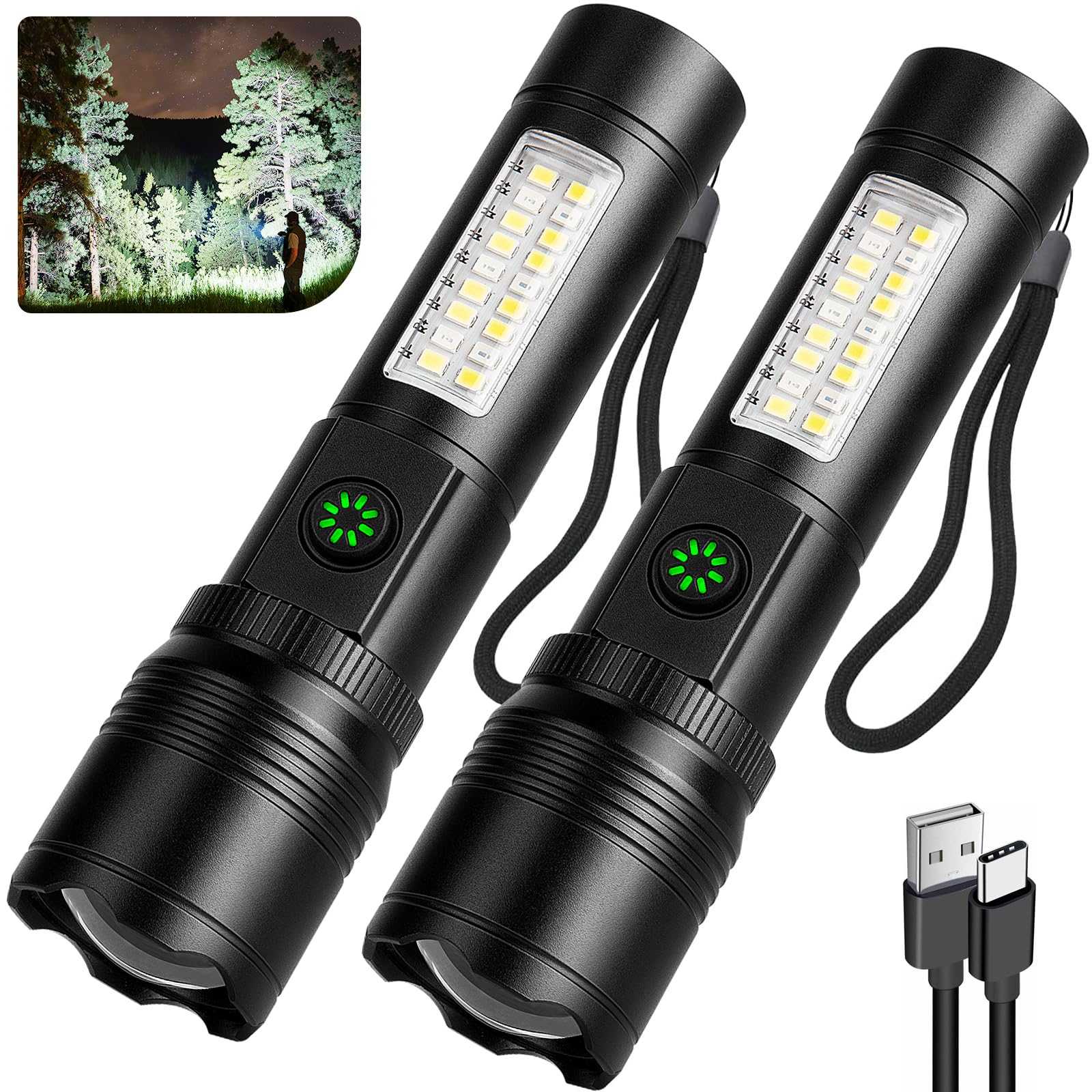 azamine Rechargeable Flashlight, 99000LM Super Bright, 6 Modes, Aluminum, Black, Model P19-COB