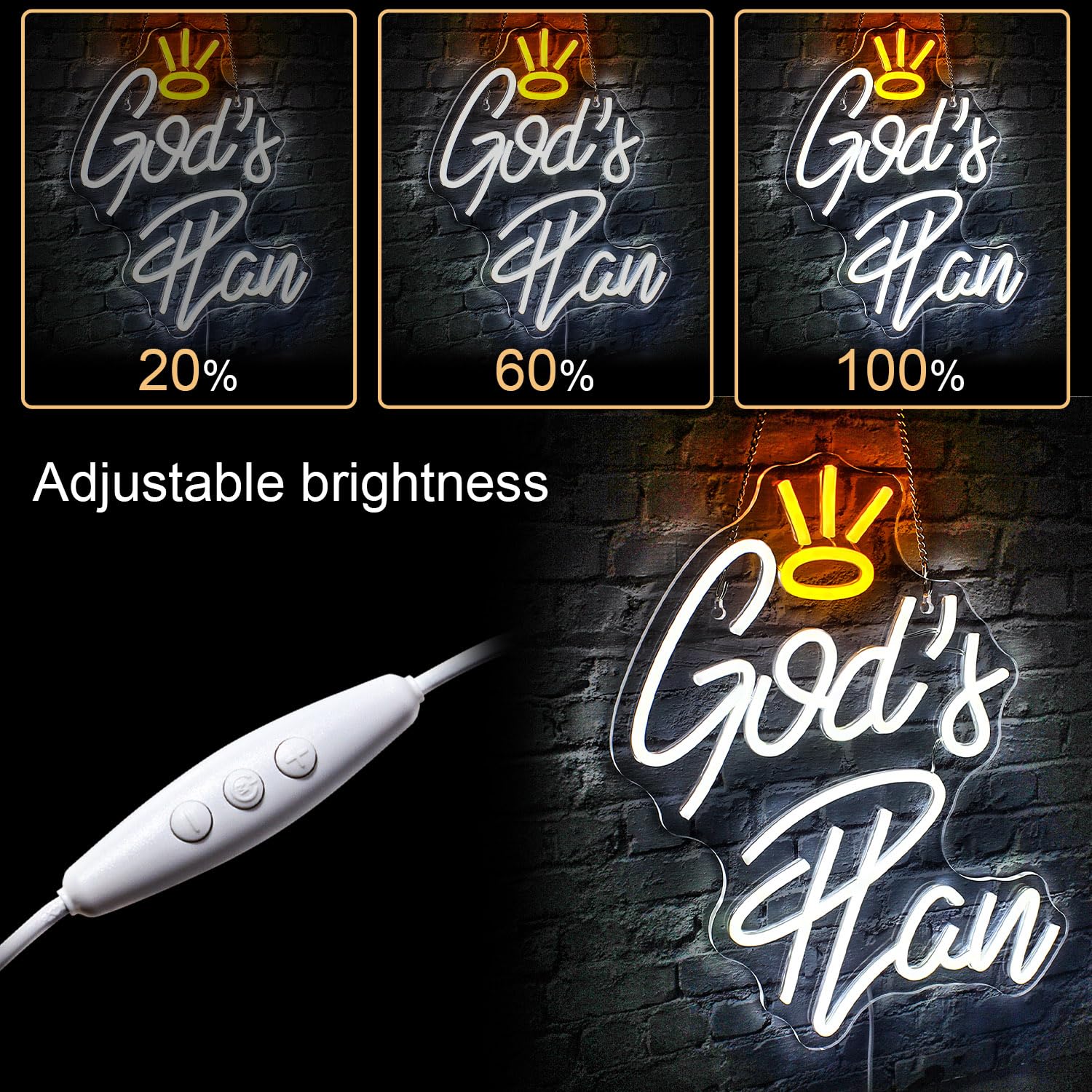 WLHOPE Neon Sign - Gods Plan LED Wall Decor, USB Powered, Acrylic, White, Model LL-Gods Plan