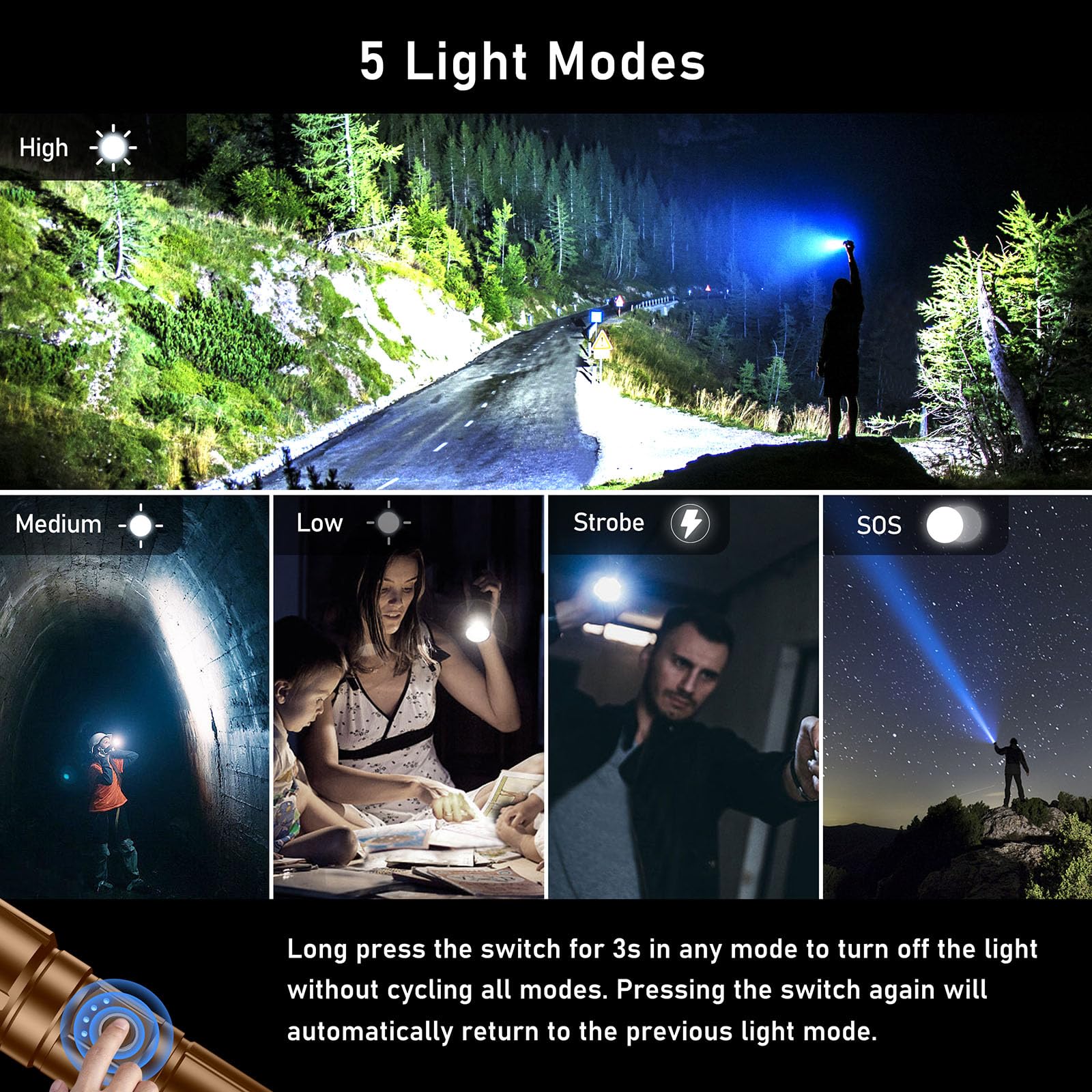 Blukar Rechargeable Flashlight - High Lumens LED, 5 Light Modes, Zoomable, Waterproof, Aluminum, Model K9138, Brown