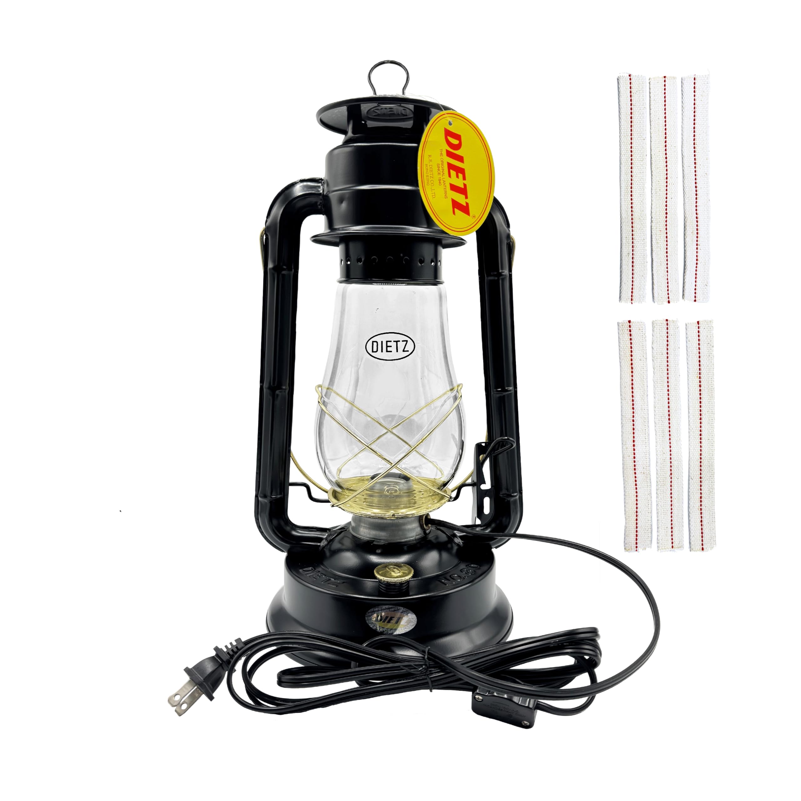 Light of Mine - Dietz #80 Blizzard Oil Lantern with 7/8 Replacement Wick Strips (Black with Gold Trim with Electric Conversion K