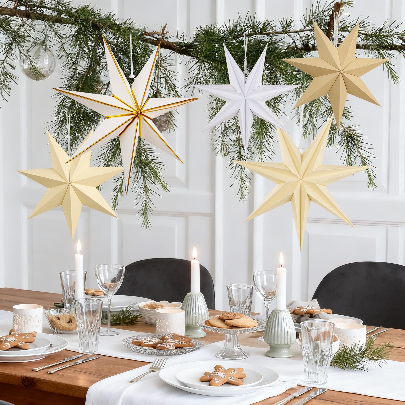 Paper Jazz 5 Pcs Paper Star Lanterns Party Decorations Paper Stars Christmas Hanging With Beige Brown Moravian Star Boho Vintage Christmas Ornaments For Xmas Tree Wall Ceiling Decoration.
