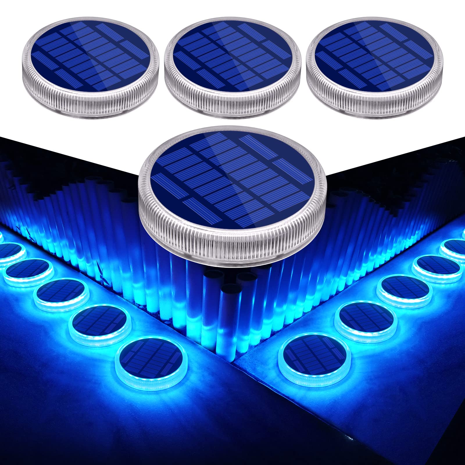 Blue Solar Deck Dock Lights Solar Powered, Step Warning Lights for Outside Driveway Sidewalk Garden Pathway Yard (4 Pack)
