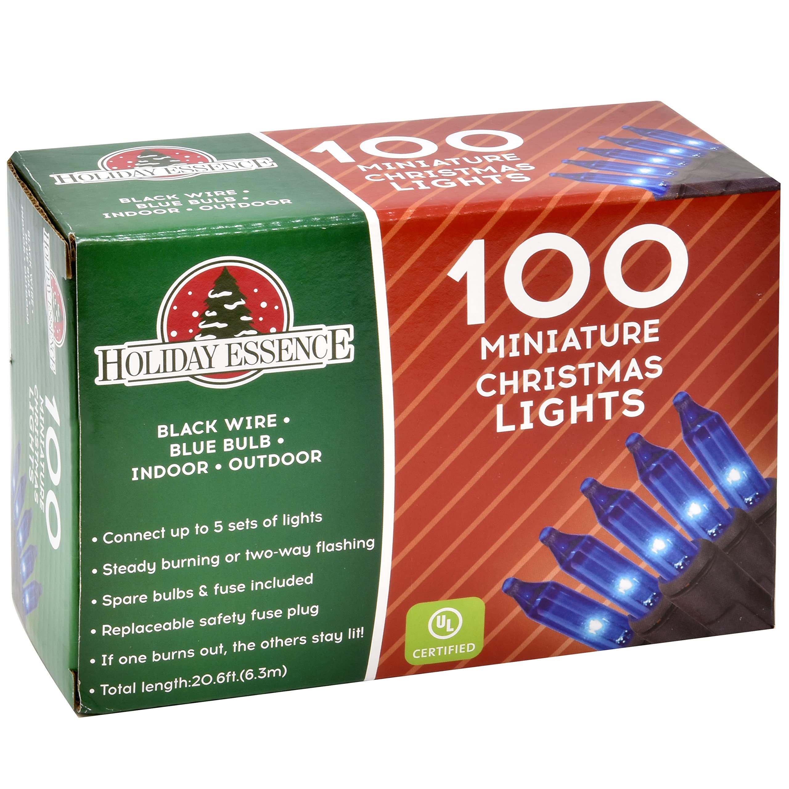 Holiday Essence - 100 Blue Christmas Lights, Incandescent String Lights, 20.6 Feet Black Wire For Indoor & Outdoor & Decorative,