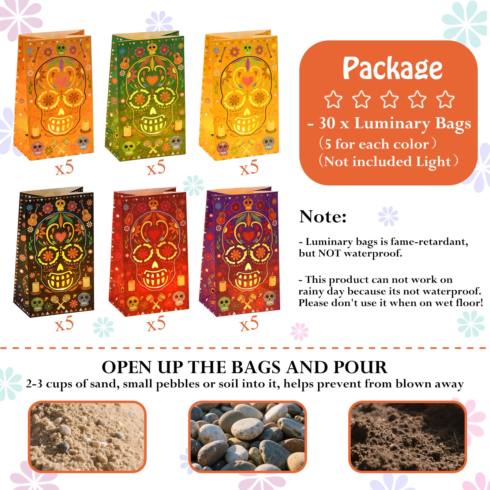 Antenda 30 Pcs Dia De Los Muertos Decorations Luminary Bags  Day Of The Dead Diwali Decor Flame Resistant Candle Bag - Halloween Candy Bag Mexican Fiesta Party Altar Favors Supplies