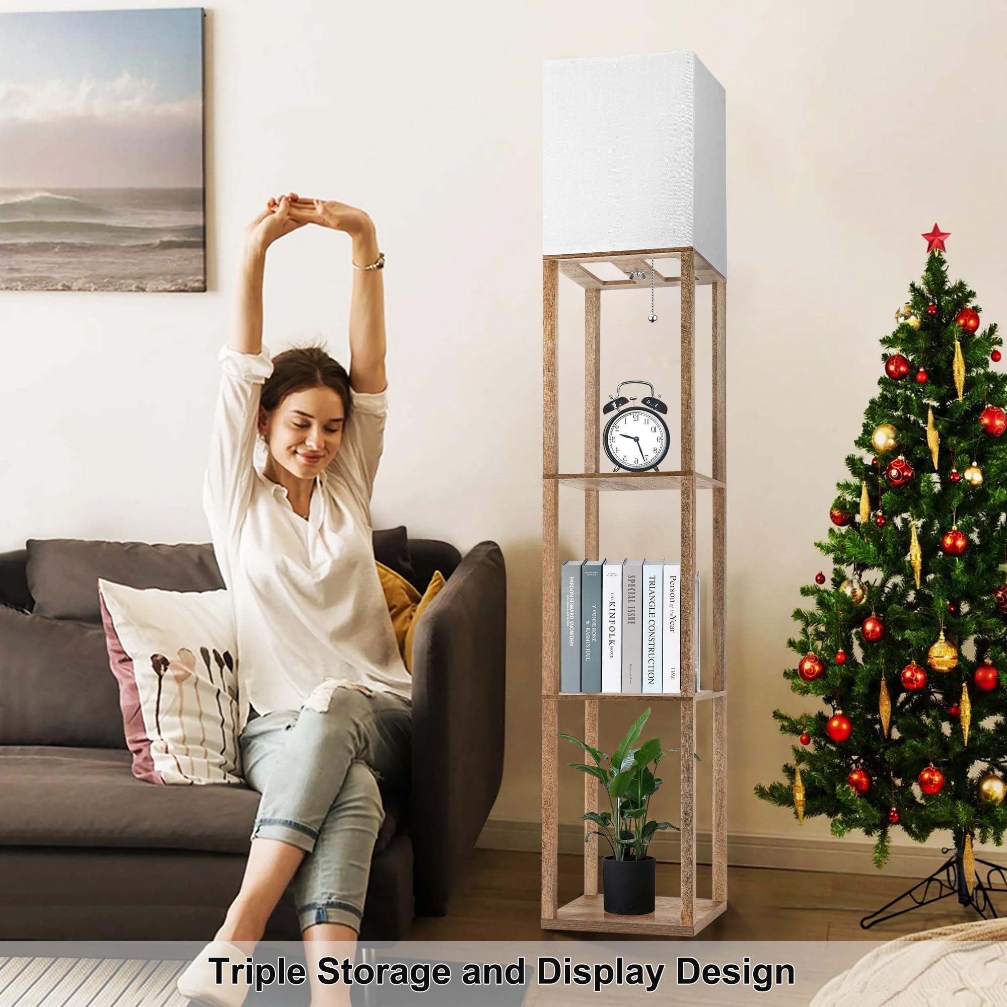 Floor Lamp With Shelves For Living Room Natural Wood, Shelf Floor Lamp With 3 Cct Led Bulb, Corner Display Standing Column Lamp