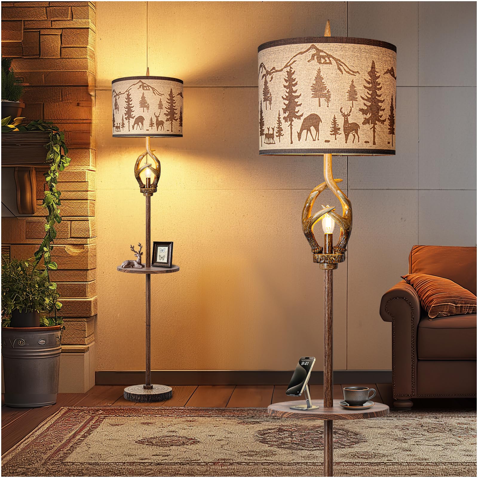 Antlers Style Metal Tray Floor Lamp With Night Light Rustic Standing Lamp With Linen Fabric Shade Farmhouse Vintage Floor Lamp Decor For Living Room Bedroom House Home Office (Bulb Included)