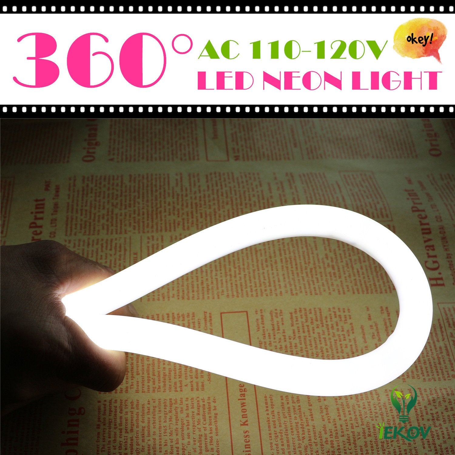 Iekov 360° Led Neon Strip Light, Dimmable & Waterproof, 5M/16.4Ft, White, Model: 110V-360-Neon-W-5