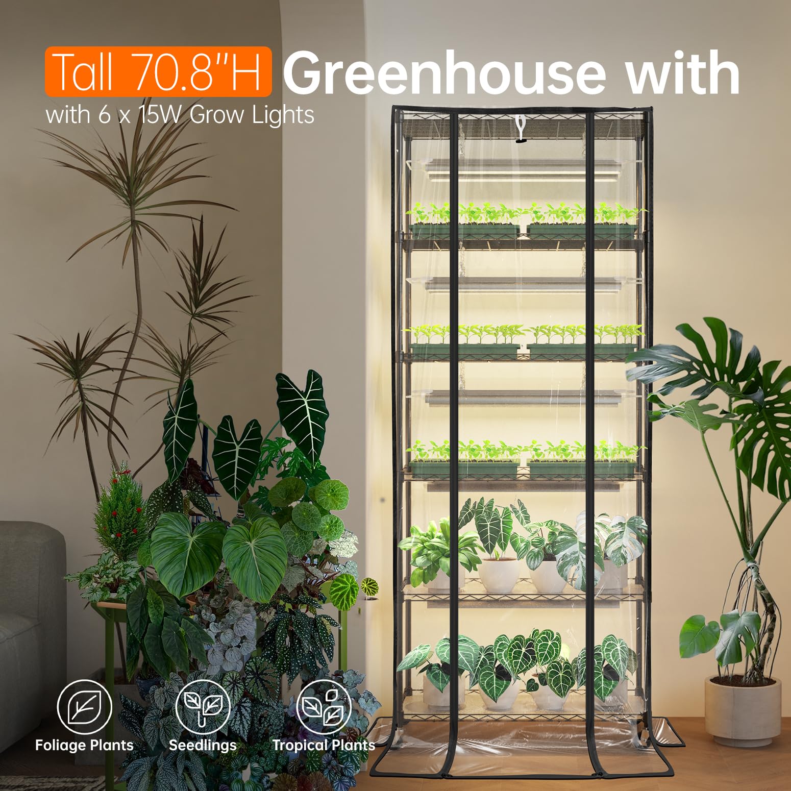 Bstrip DIY Plant Shelf with Grow Lights and EVA Greenhouse Cover, Plant Stand with Adjustable Rack and Wheels, 8-Pack 192W T8 30