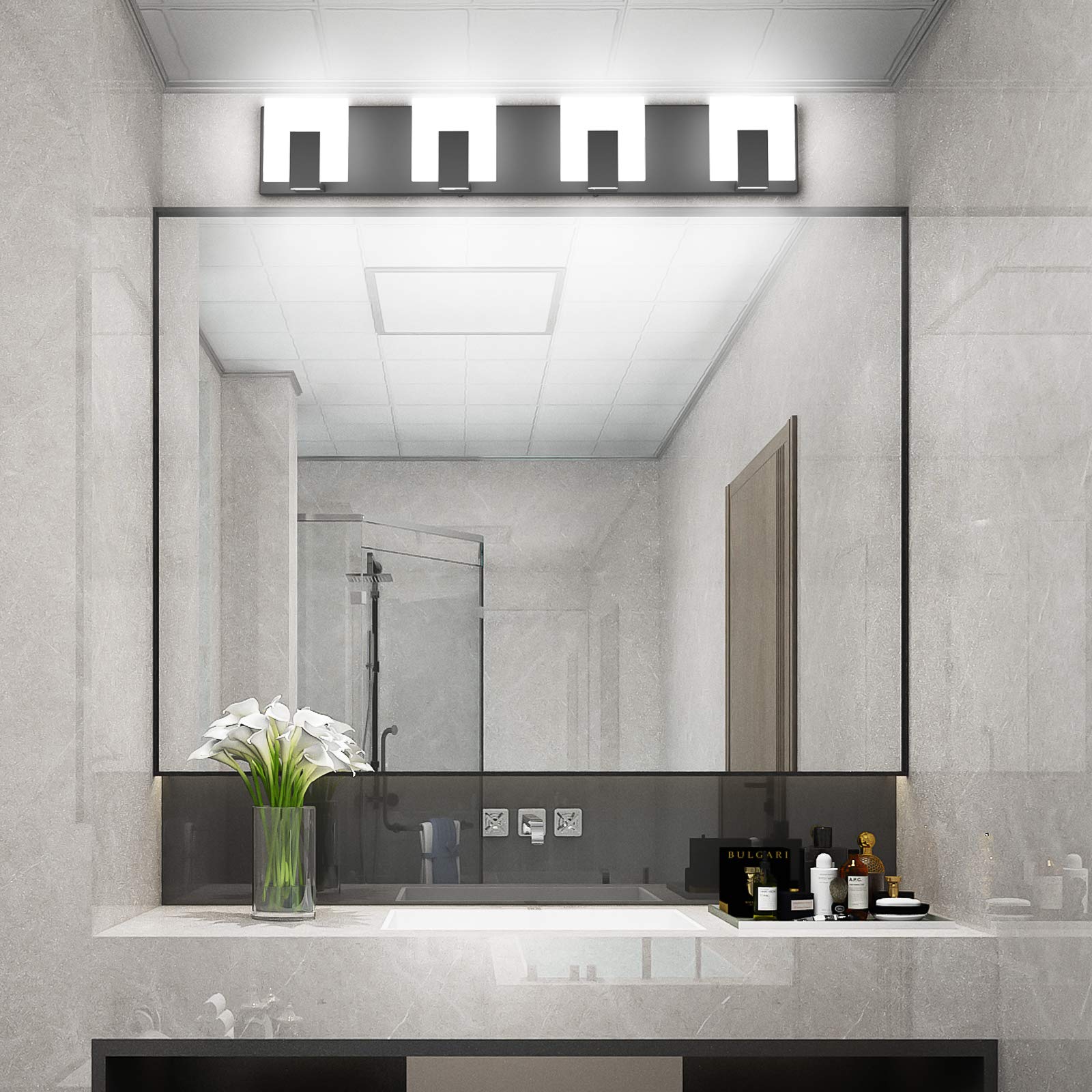 Aipsun 4 Lights Modern Black Vanity Light - LED Bathroom Wall Fixture 6000K, Acrylic, Up and Down Design, GW-1105