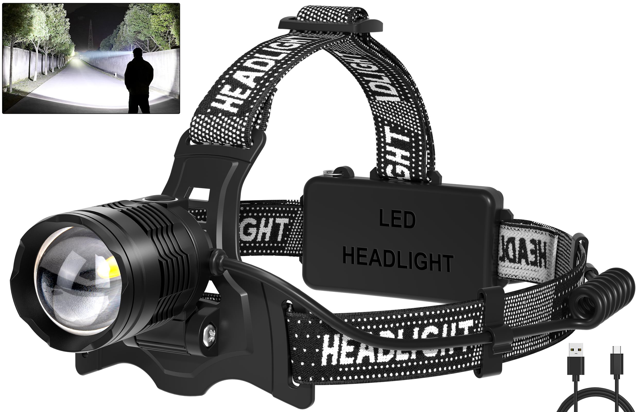 Azamine Led Headlamp Rechargeable, 3000 Lumens Bright Head Lamp ?Attery Include, 90 Adjustable Head Lights For Forehead With 3 M