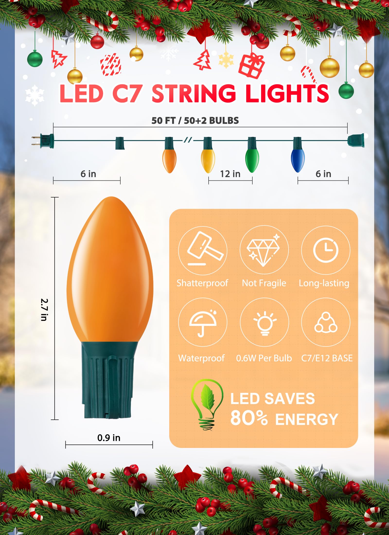 Multicolor C7 Led Christmas Lights Outdoor, 50Ft Colorful Christmas String Lights With 50+2 Plastic Bulbs, Traditional Hanging H