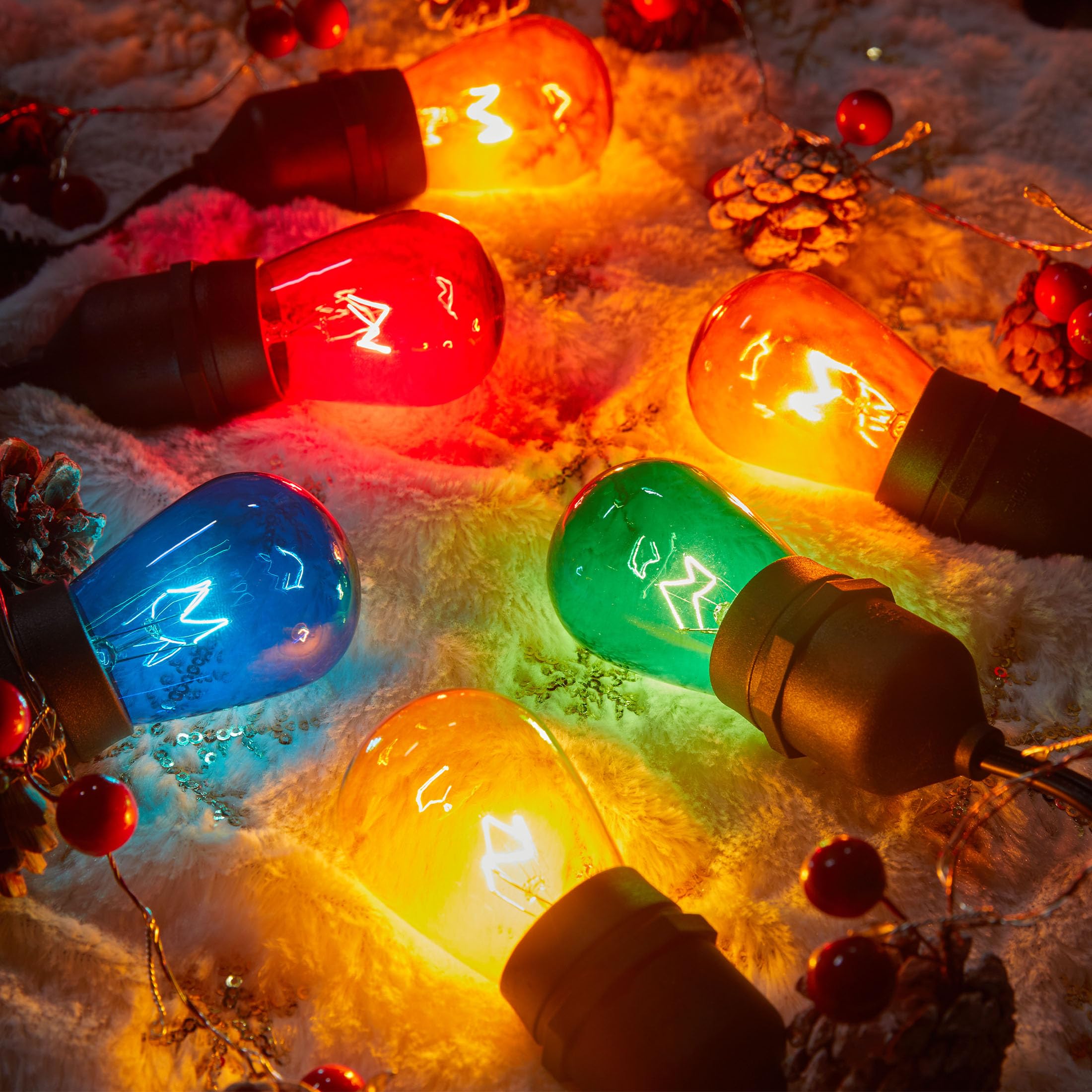 Minetom S14 Vintage Christmas Bulbs, 20 Pack, 11W Waterproof Multi-Color Edison Bulbs for Indoor/Outdoor Decoration