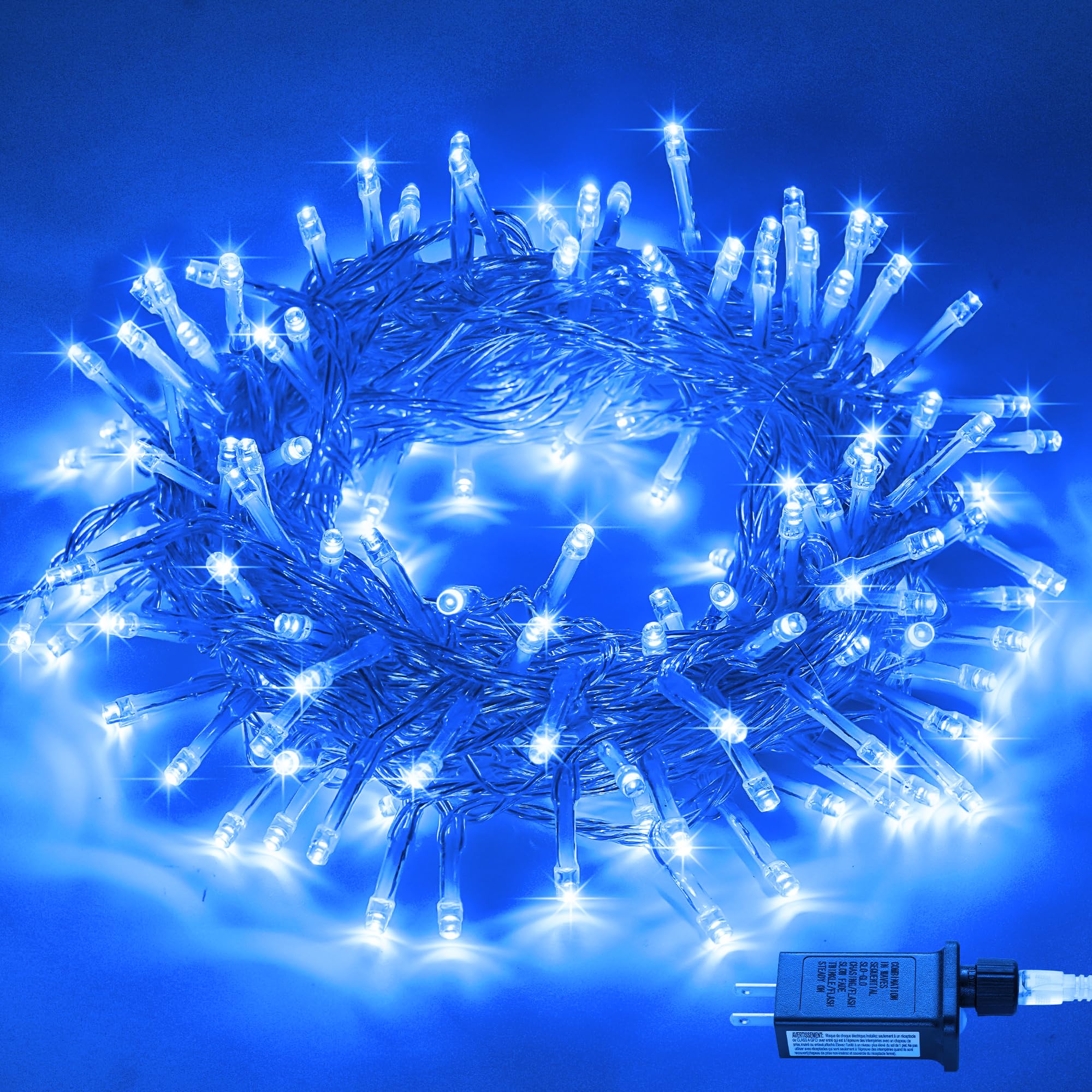 JMEXSUSS 100 LED Blue Christmas Lights, Clear Wire, 33ft, 8 Modes, Indoor/Outdoor, Model EXS-S-0100