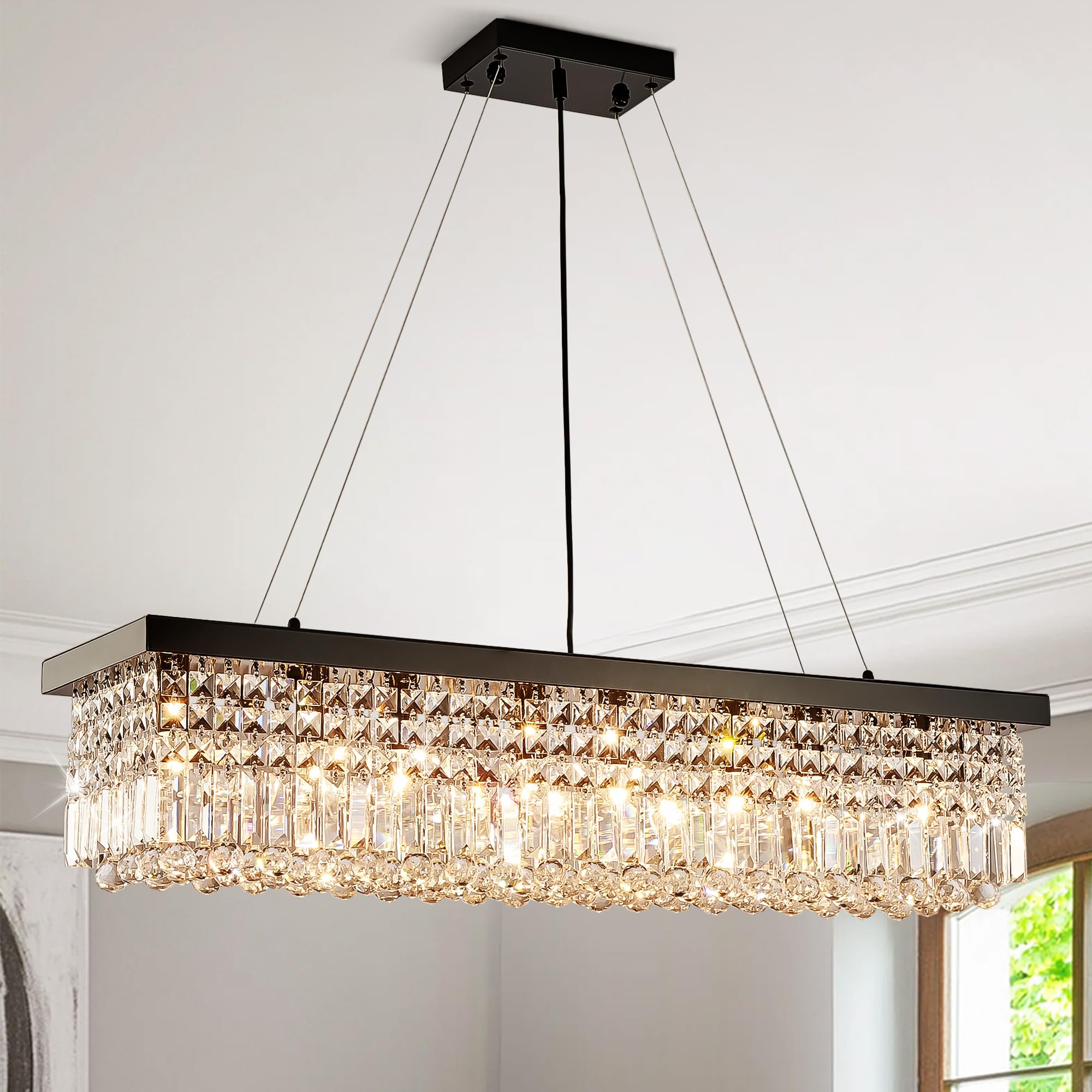 Tinkoso Modern Crystal Chandelier For Dining Room, 8-Light Black Rectangle Pendant Ceiling Light Fixture For Kitchen Island Bar,