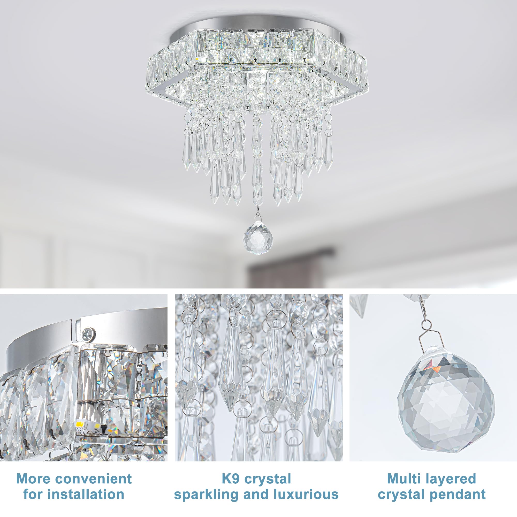 11.8'' Hexagon Led Flush Mount Ceiling Light - Modern Crystal Chandelier For Bedrooms, Dining Room, Hallway With Remote Control