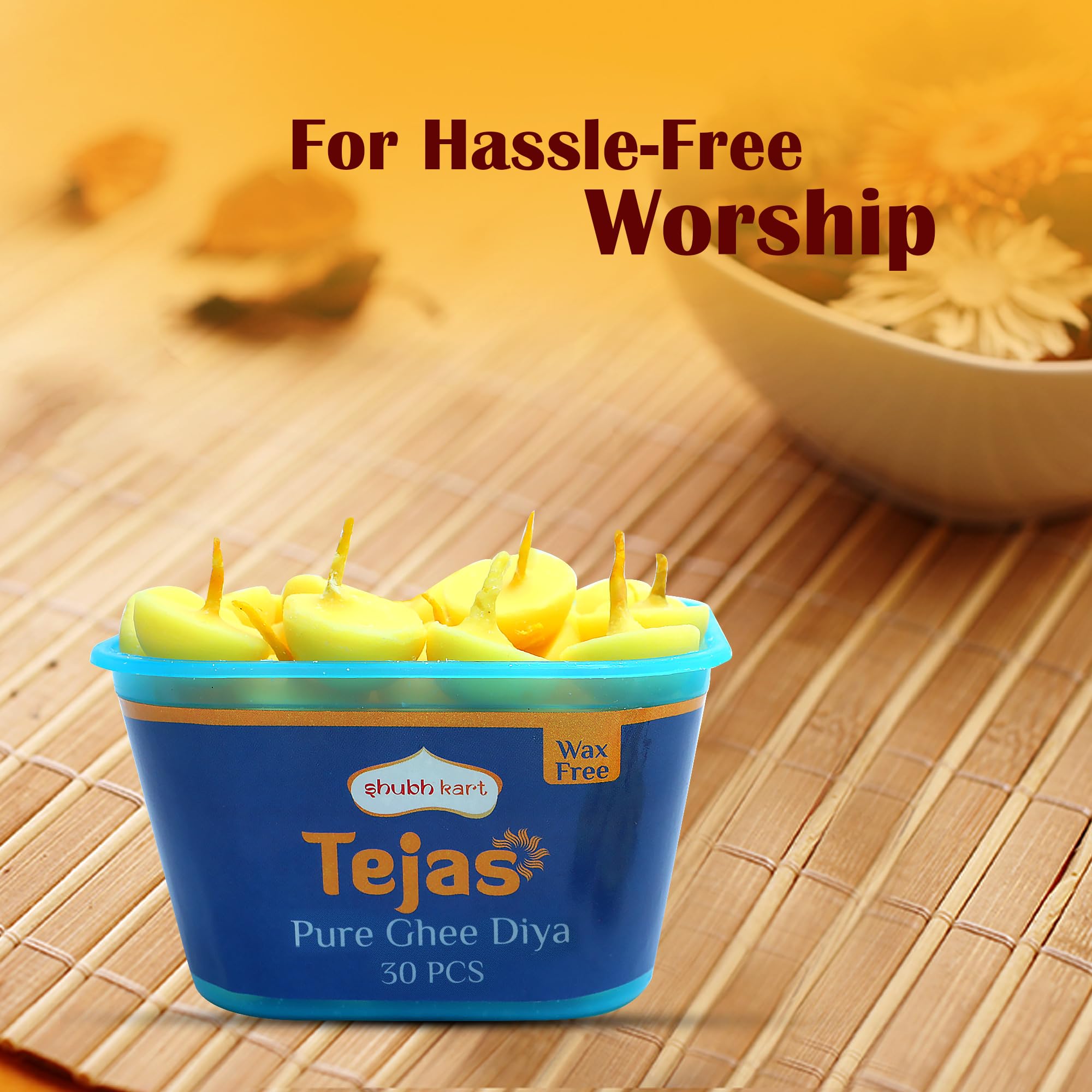 Shubhkart Tejas Pure Ghee Diya with Batti Pack of 30 Diyas | Readymade Ghee Wicks| Diya Batti for Puja, Festivals & Other Religi