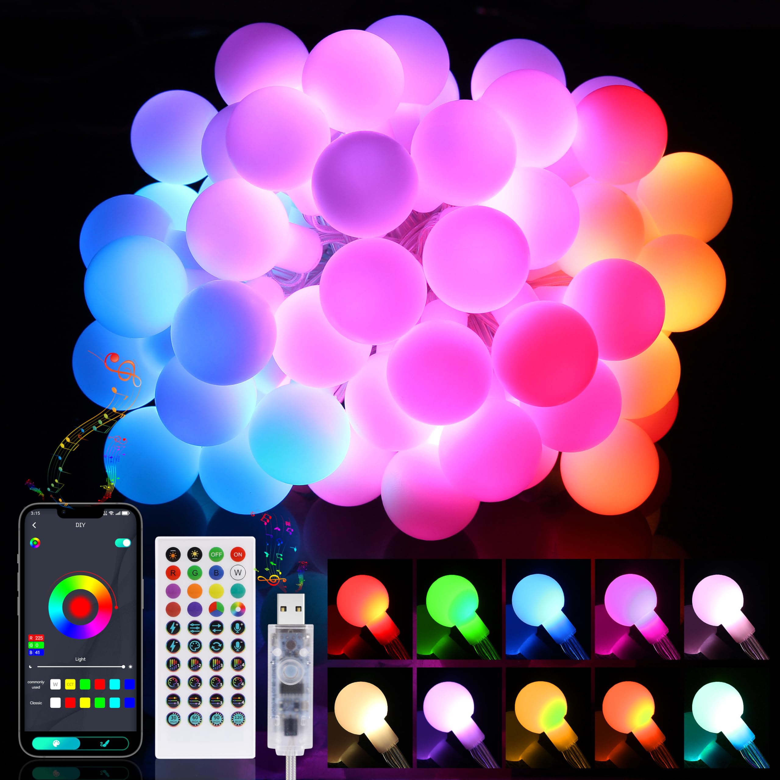 OMIKA Smart Color Changing String Lights, 29.5ft, 60LED, USB Powered, APP Remote, Music Sync, Globe Fairy Lights for Indoor/Outdoor Decor