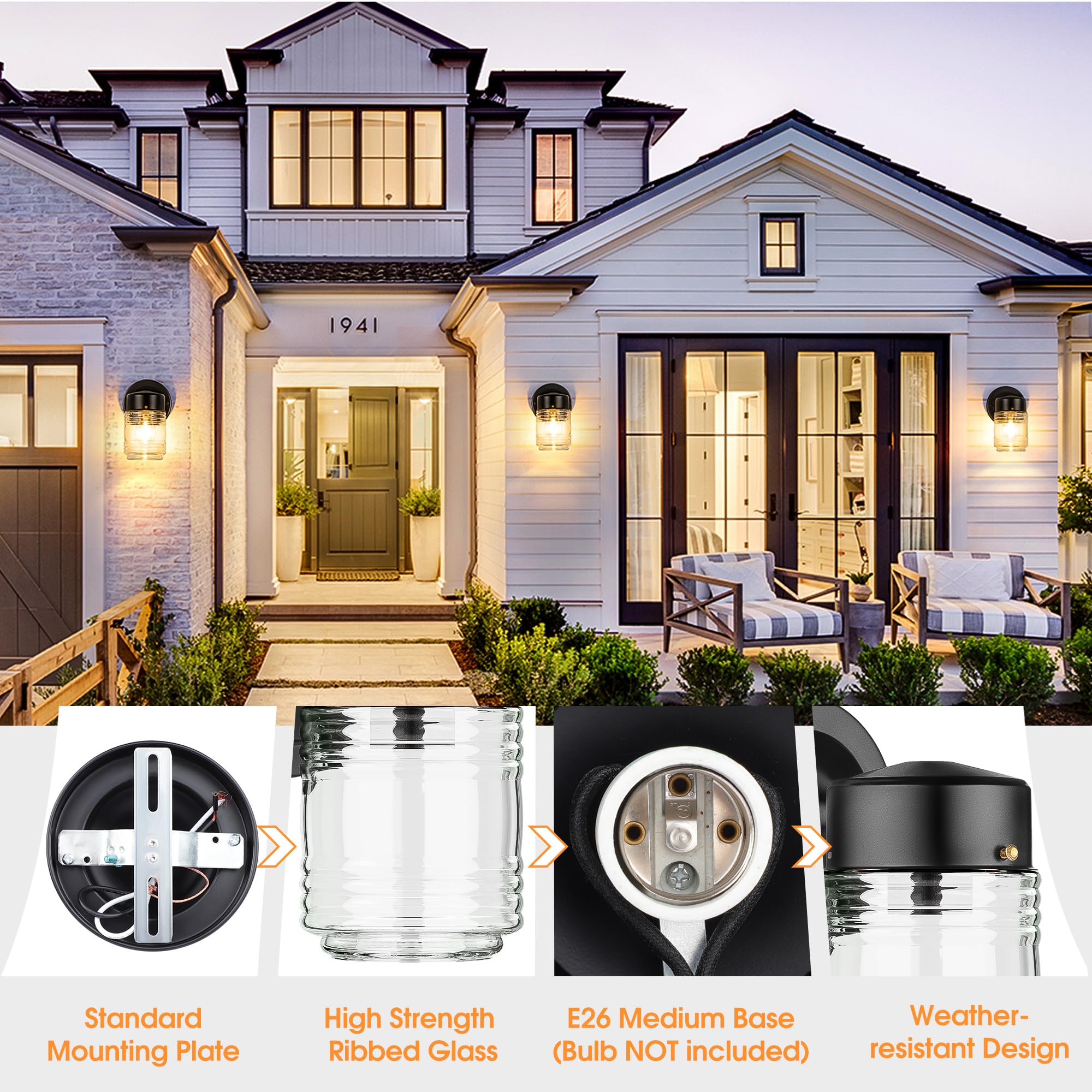 Matameye Jelly Jar Outdoor Wall Lantern, Black Exterior Waterproof Wall Mount Lighting Fixture, Anti-Rust Front Door Wall Sconce With Clear Ribbed Glass Shade, E26 Socket Wall Lamp For Patio, 2 Pack