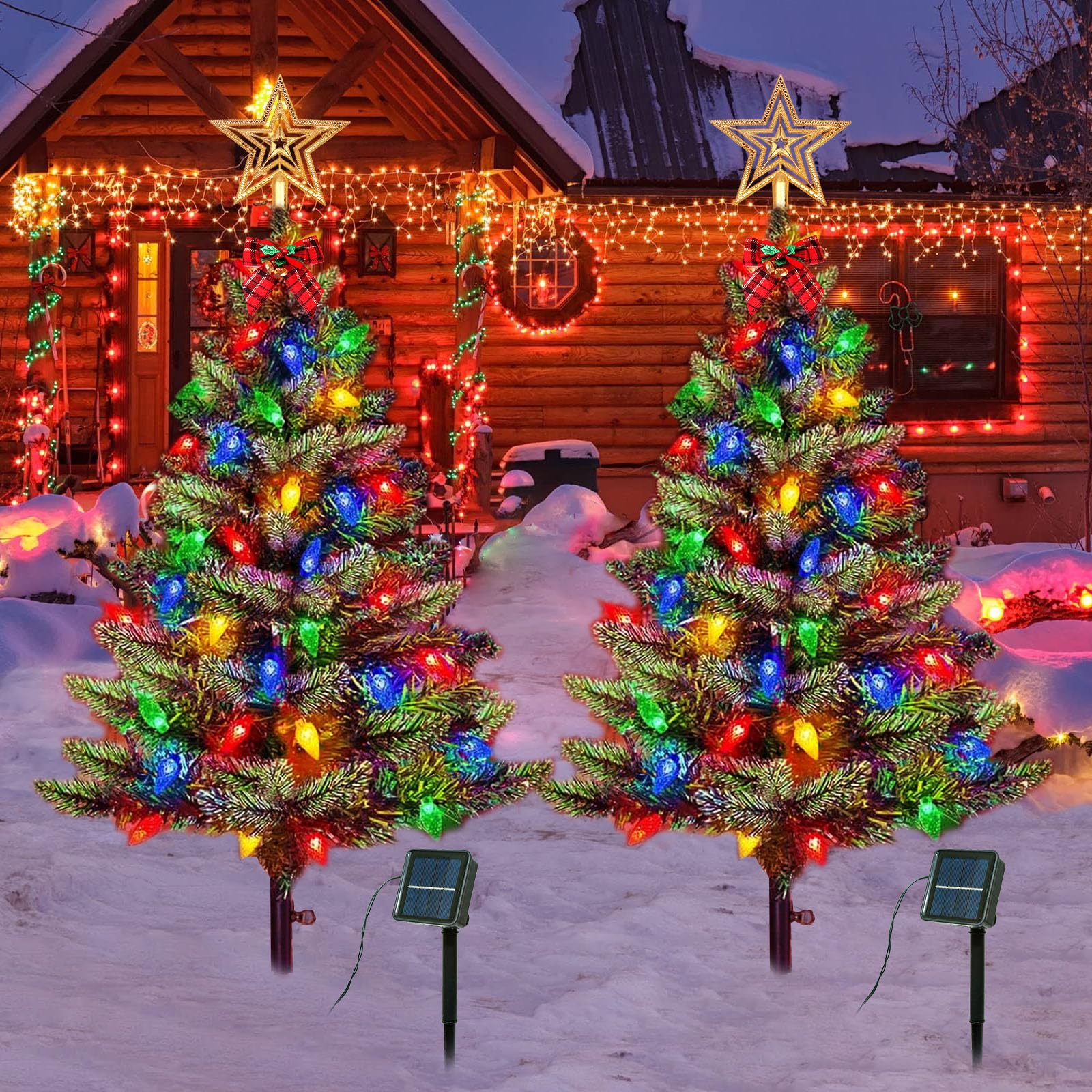 Upgraded 2-Pack 3.6 FT Solar Christmas Tree  Outdoor Christmas Decorations  Xmas Tree Solar Powered with 100 LED Multi-Color C6 String Lights  Suitable for Outside Garden Patio Yard Pathway